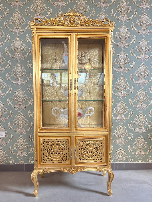 Display Cabinet Wooden French Louis XV Style Showcase Antique Baroque Style Reproduction in Gold Finish