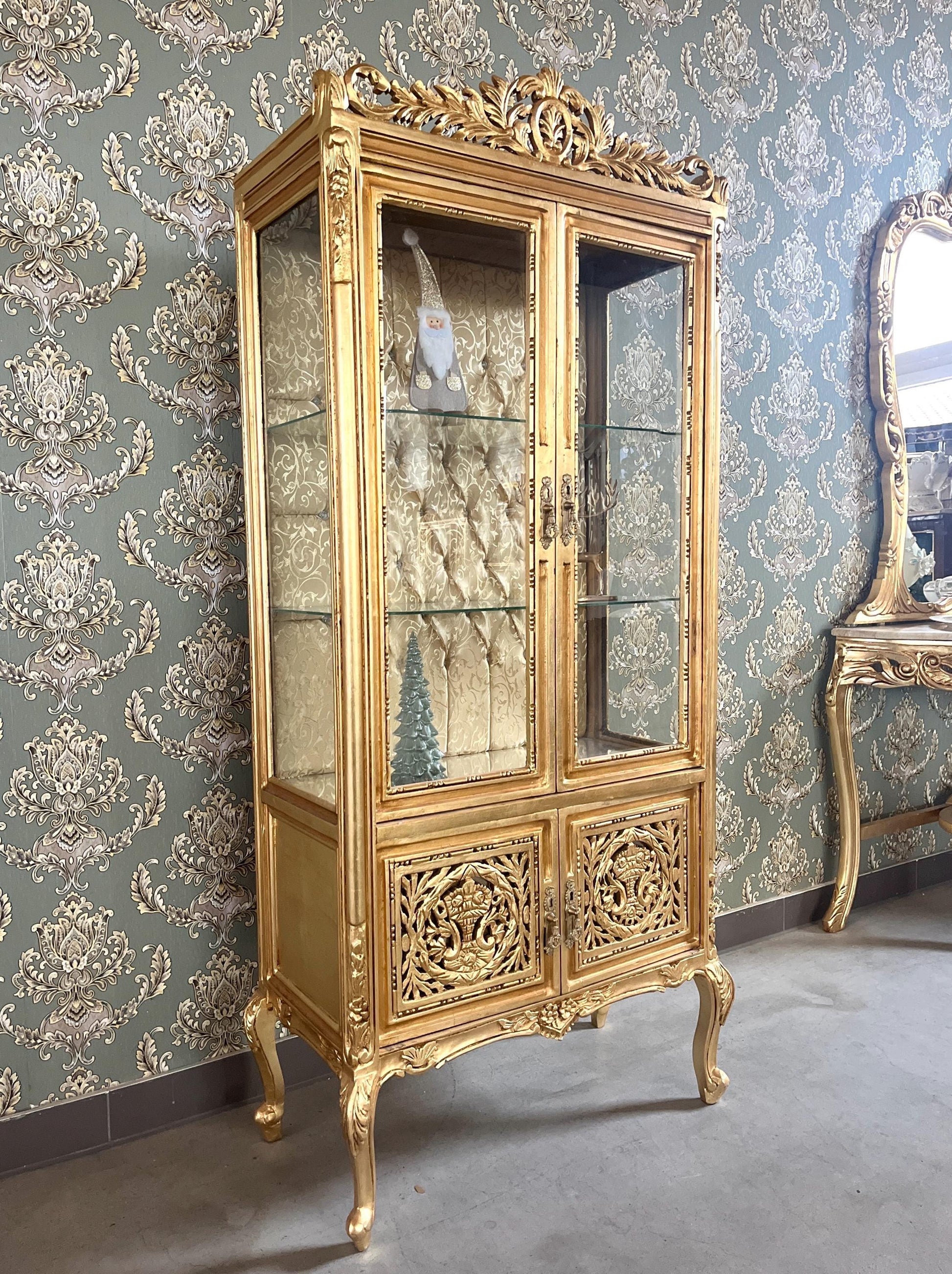 Display Cabinet Wooden French Louis XV Style Showcase Antique Baroque Style Reproduction in Gold Finish