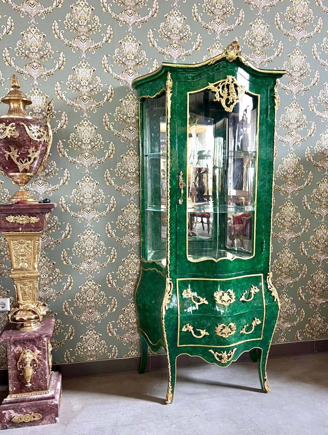 Display Cabinet Emerald Green Color Vitrine French Baroque Royal Style Marble Slab Top Showcase for Wall Decor Gift - LIMITED EDITION