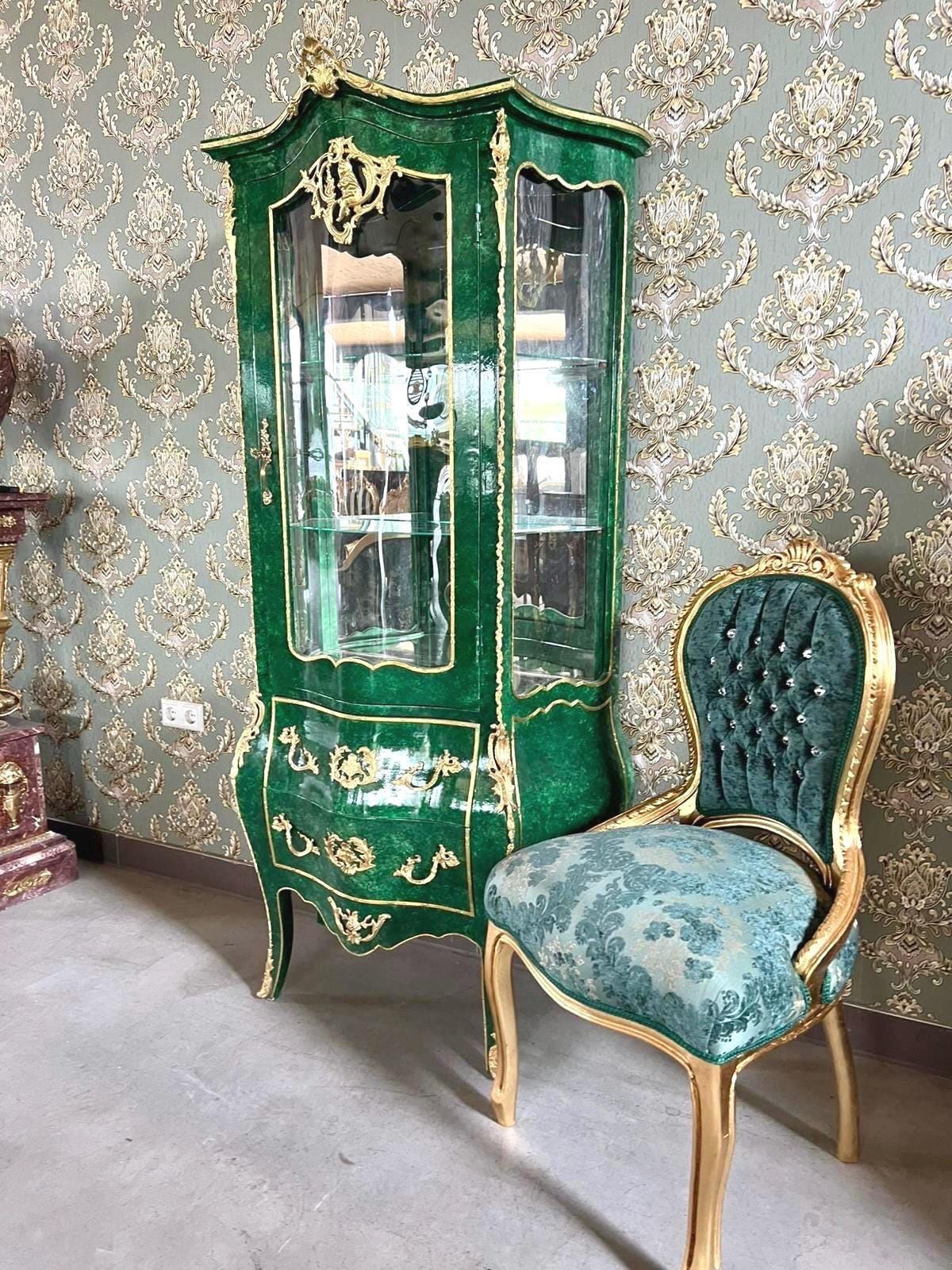 Display Cabinet Emerald Green Color Vitrine French Baroque Royal Style Marble Slab Top Showcase for Wall Decor Gift - LIMITED EDITION