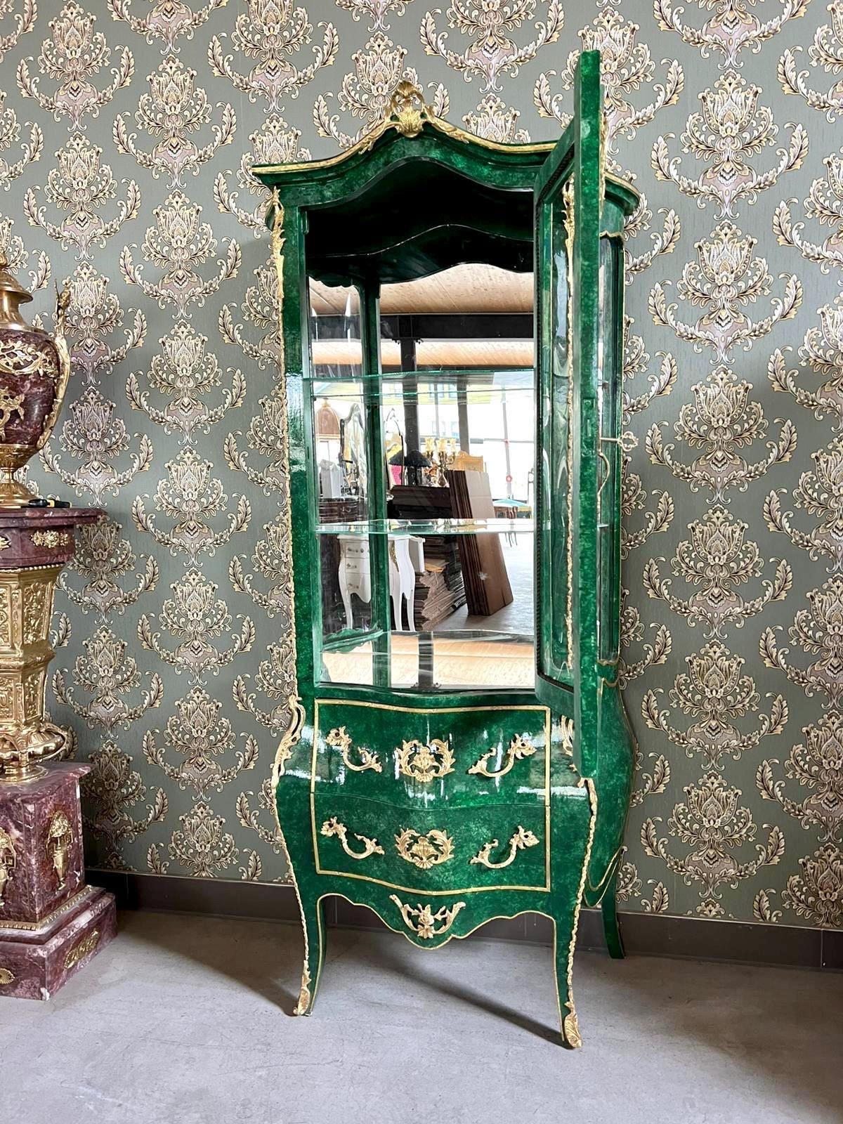 Display Cabinet Emerald Green Color Vitrine French Baroque Royal Style Marble Slab Top Showcase for Wall Decor Gift - LIMITED EDITION