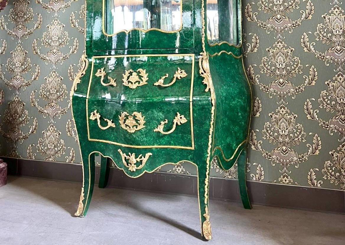 Display Cabinet Emerald Green Color Vitrine French Baroque Royal Style Marble Slab Top Showcase for Wall Decor Gift - LIMITED EDITION