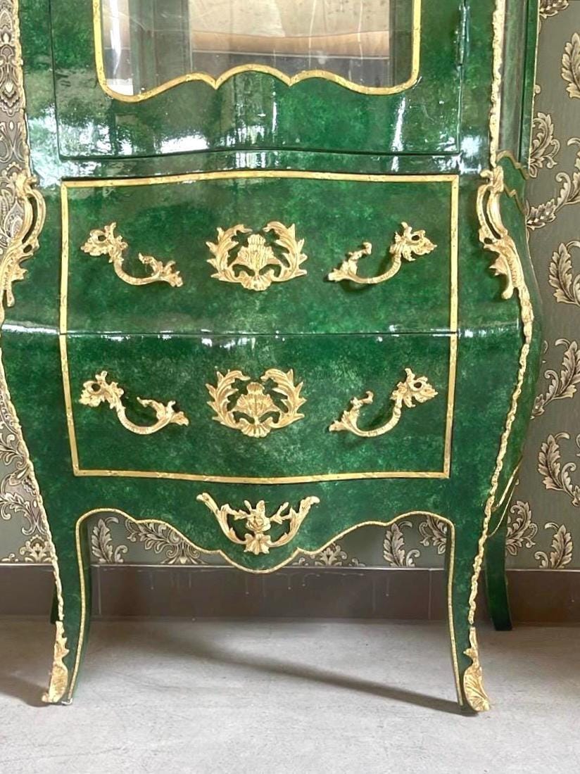 Display Cabinet Emerald Green Color Vitrine French Baroque Royal Style Marble Slab Top Showcase for Wall Decor Gift - LIMITED EDITION