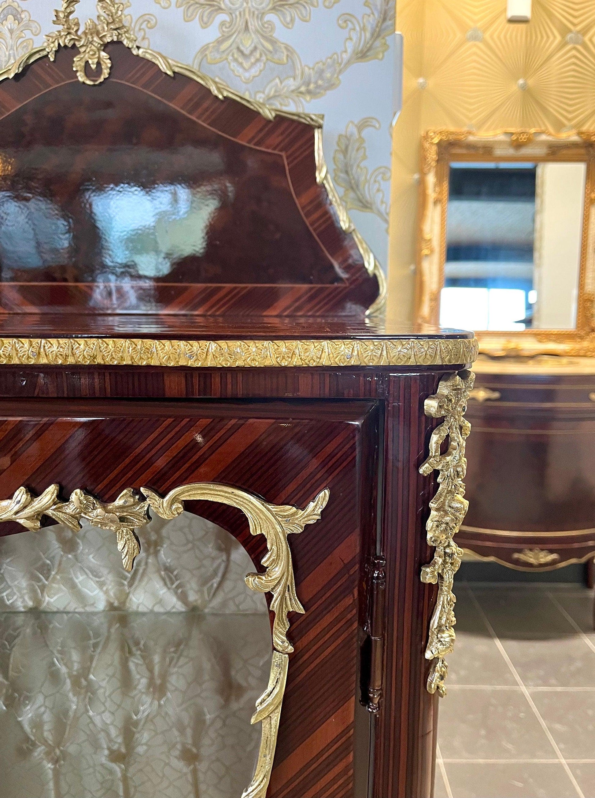 Display Cabinet French Louis Showcase for Dining Room Decor Glossy Brown Retro Baroque Cabinet with Brass Ornaments for New Home Decor