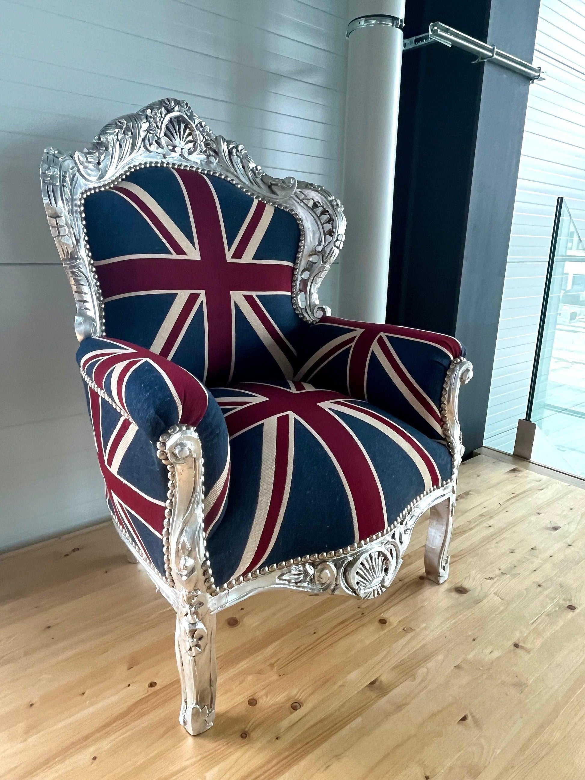 Armchair French Baroque Rococo Style in Silver Finish Union Jack Sofa Chair Italian Antique Style Union Jack for Living Room