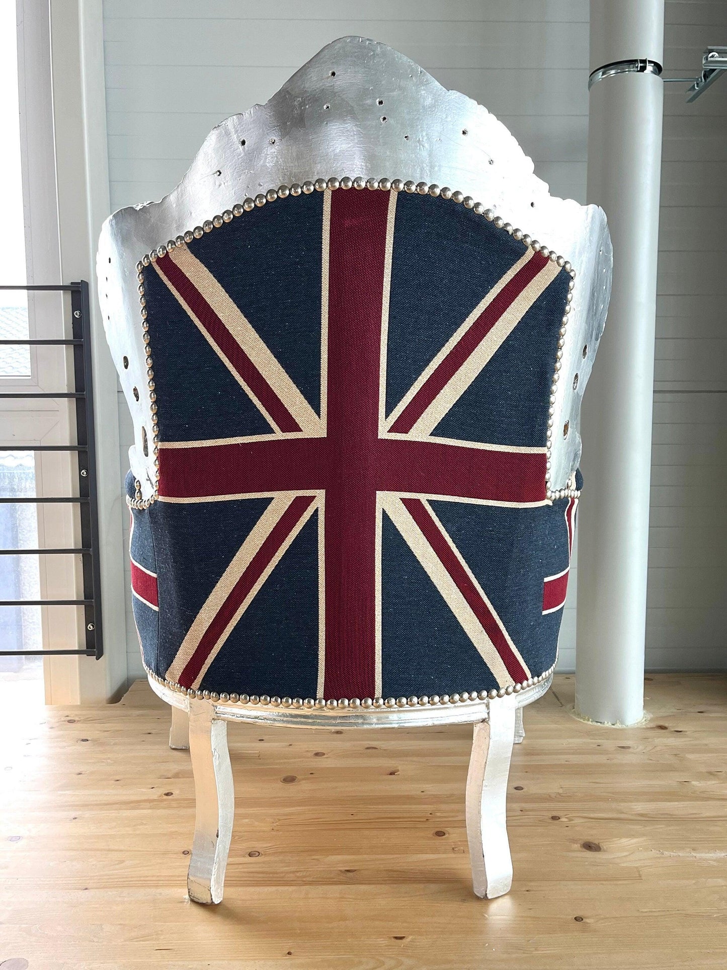 Armchair French Baroque Rococo Style in Silver Finish Union Jack Sofa Chair Italian Antique Style Union Jack for Living Room