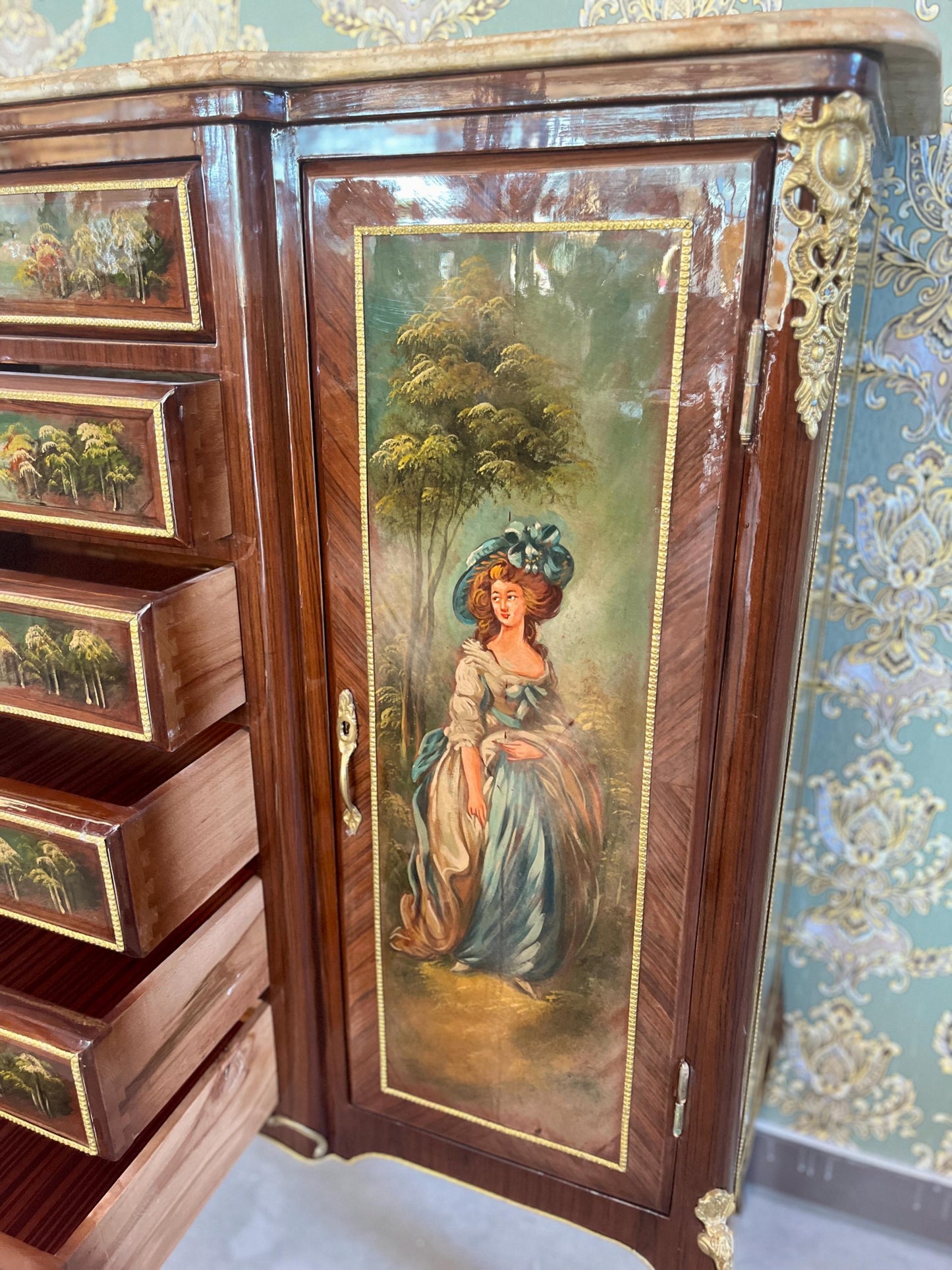 Wall Cabinet Antique Baroque Style Oil Painting Handpainted in front Retro French Cupboard with Marble Slab Top Noble Piece for Home Decor