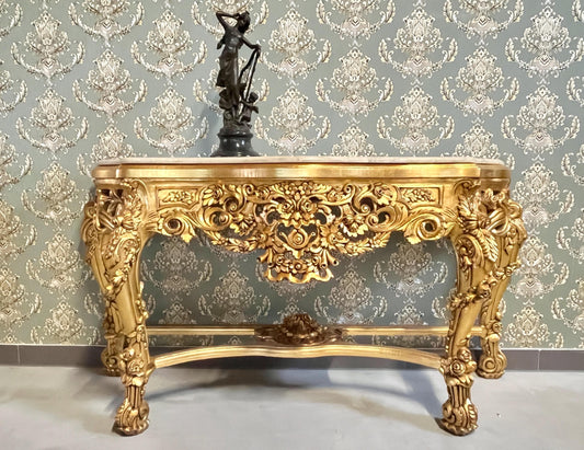 Console Table French Antique Style in Solid Wood Brown and Marble Slab Top Table Retro Baroque Style Gorgeous for Home Decor