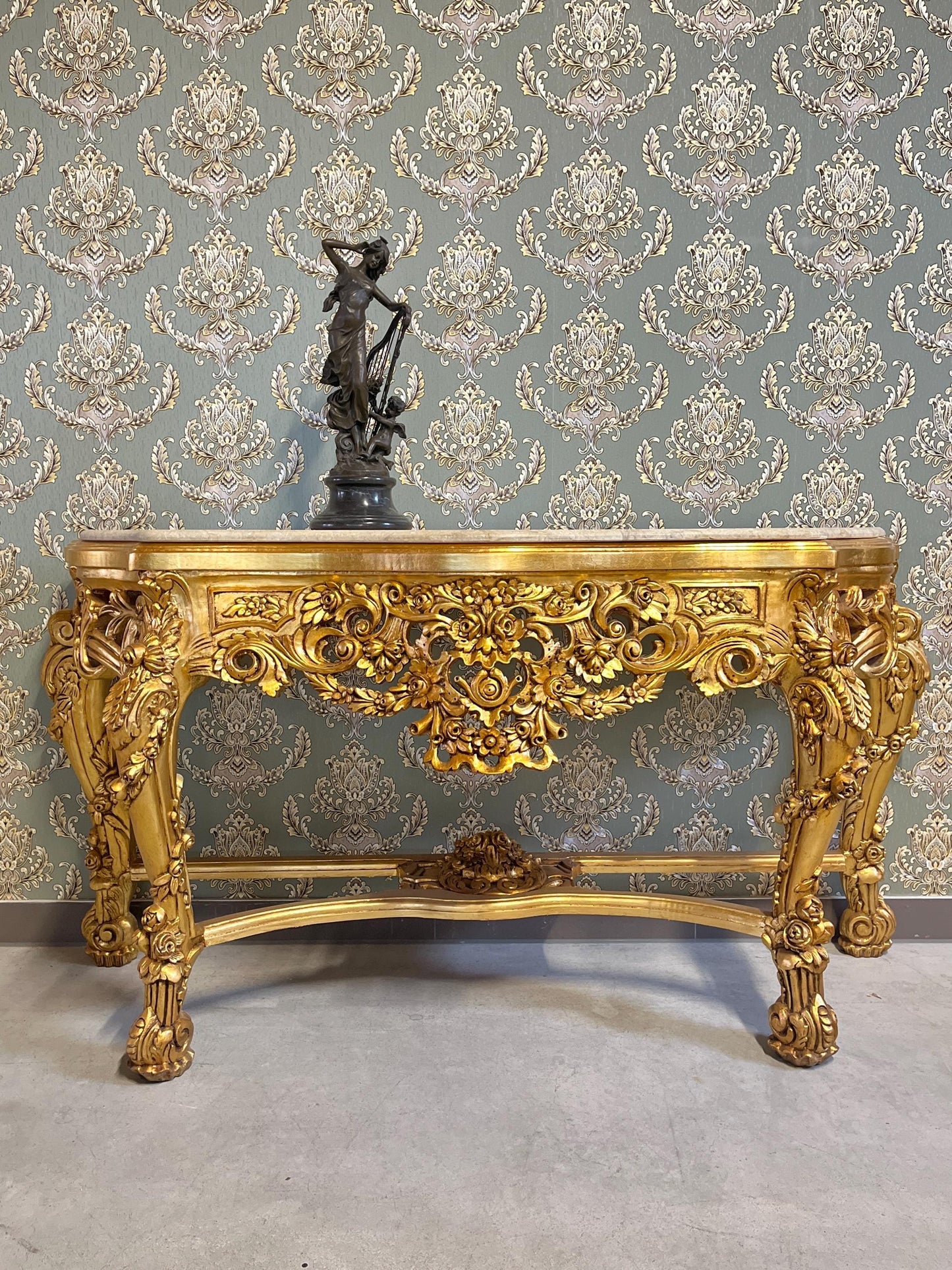 Console Table French Antique Style in Solid Wood Brown and Marble Slab Top Table Retro Baroque Style Gorgeous for Home Decor