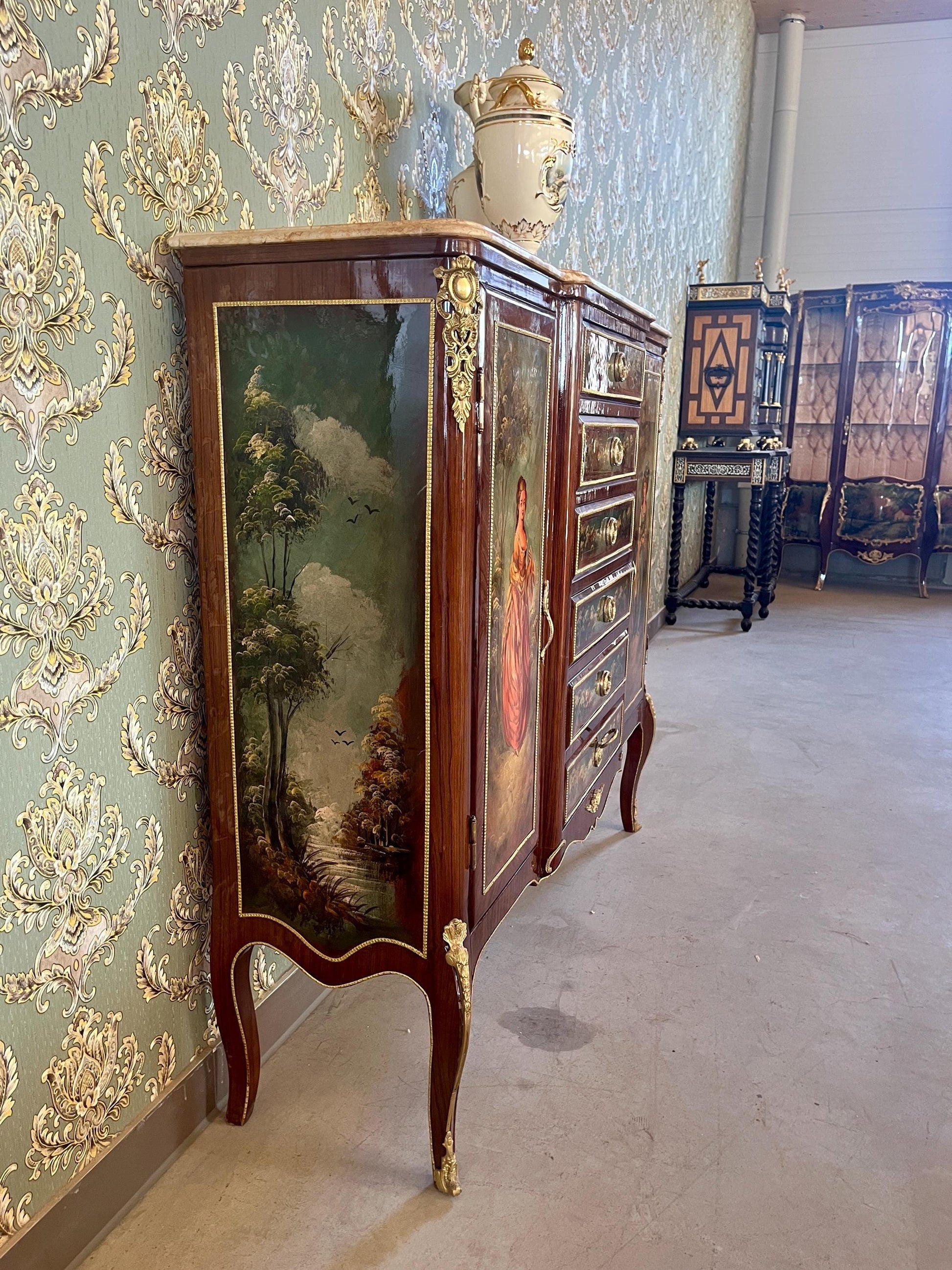 Wall Cabinet Antique Baroque Style Oil Painting Handpainted in front Retro French Cupboard with Marble Slab Top Noble Piece for Home Decor