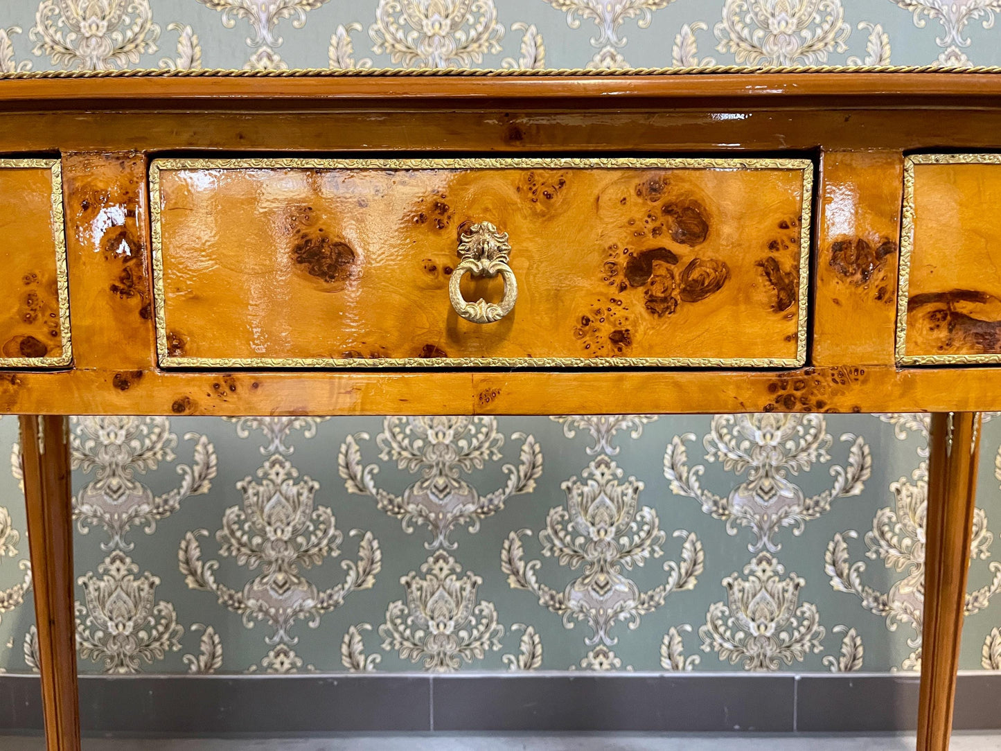 Luxury Desk Antique Baroque Style Writing Table 3 Drawers Handmade Desk Italian Style Bronze Handles in Yellow Wooden Veneer-LIMITED EDITION
