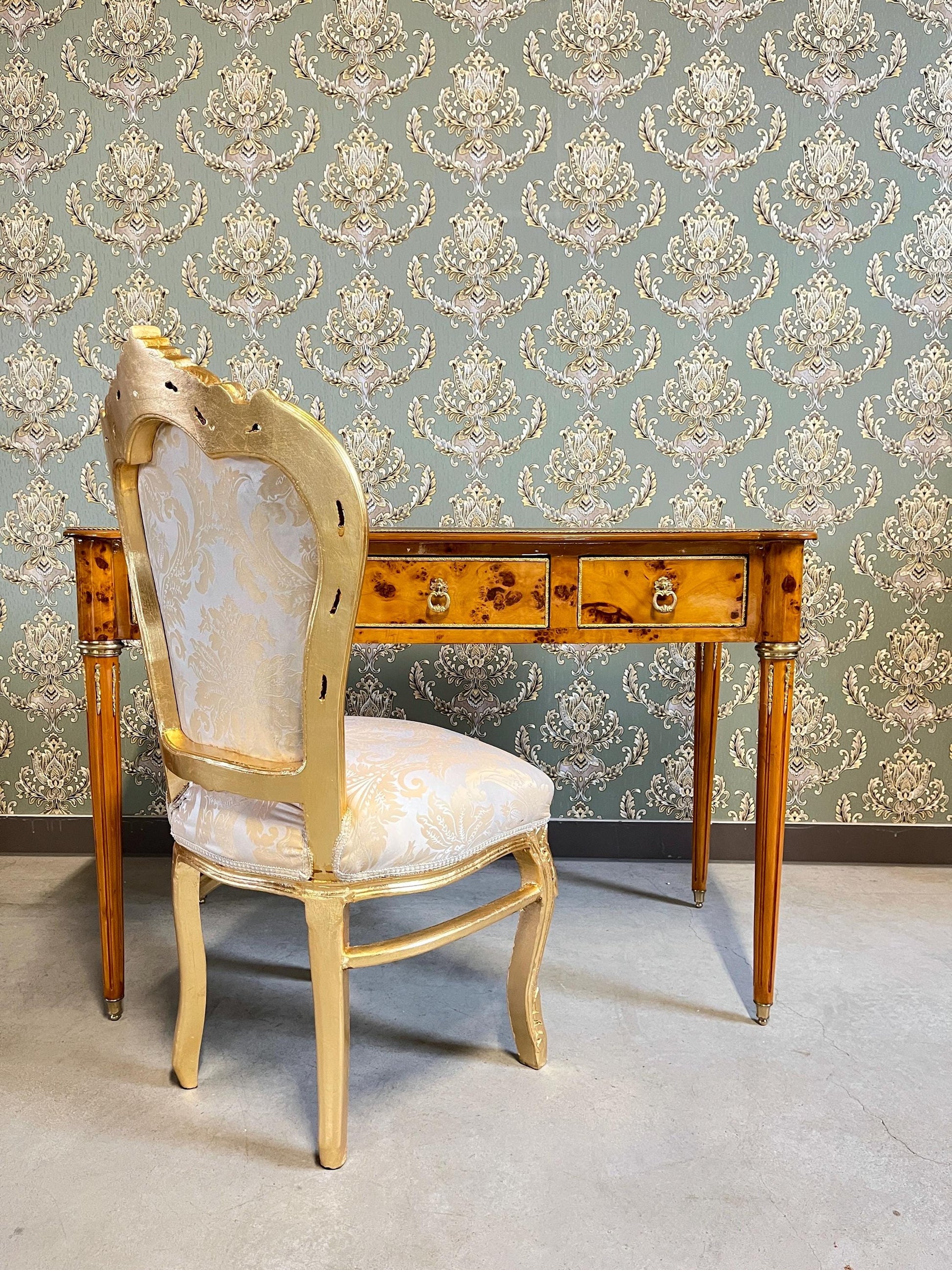 Luxury Desk Antique Baroque Style Writing Table 3 Drawers Handmade Desk Italian Style Bronze Handles in Yellow Wooden Veneer-LIMITED EDITION