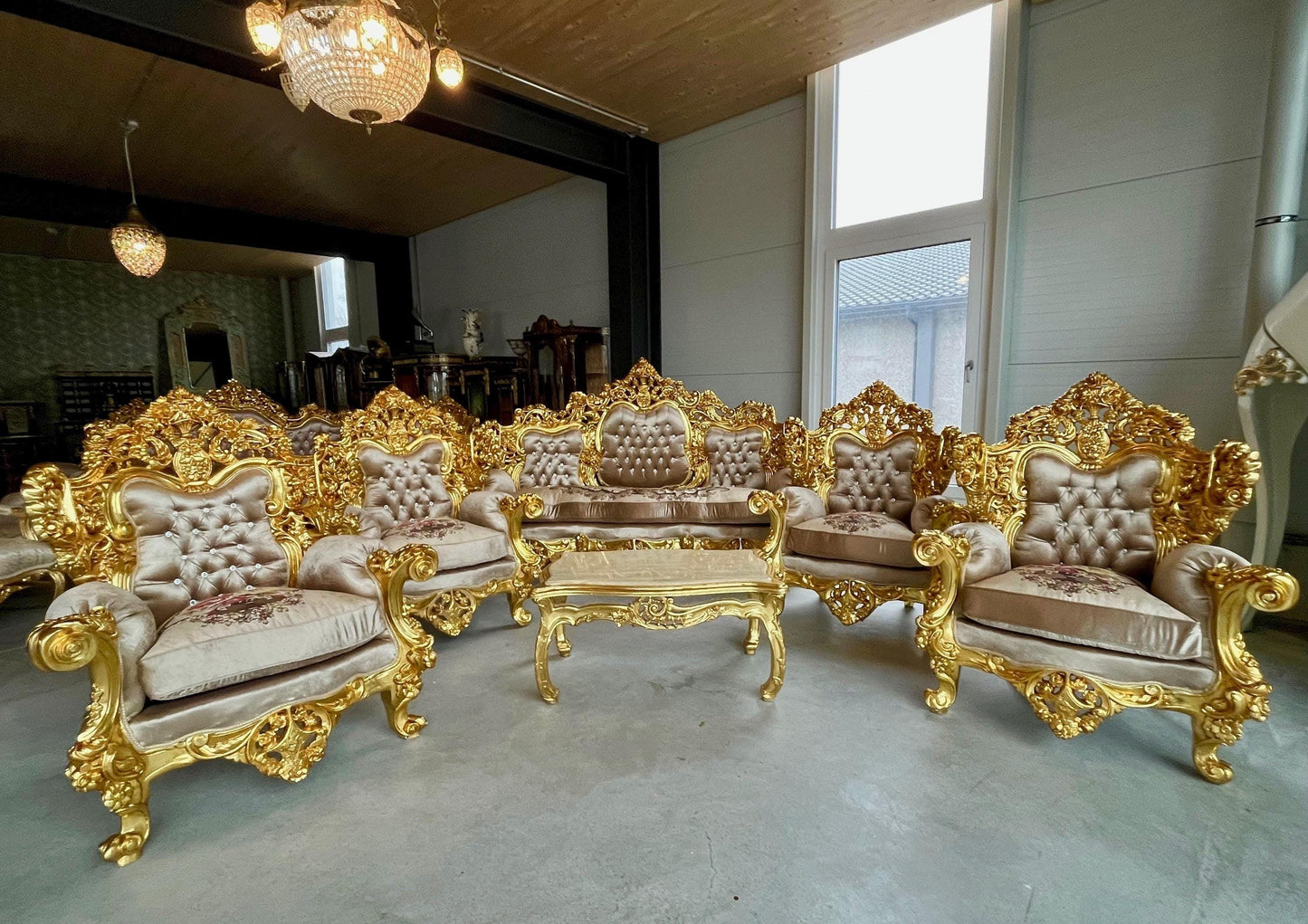 Imperial Sofa Set Royal King Sofa Set French Rococo Sofa Suite Brown Velvet Couch Set Gold Finish for Luxurious Home for Hotel Lobby Decor