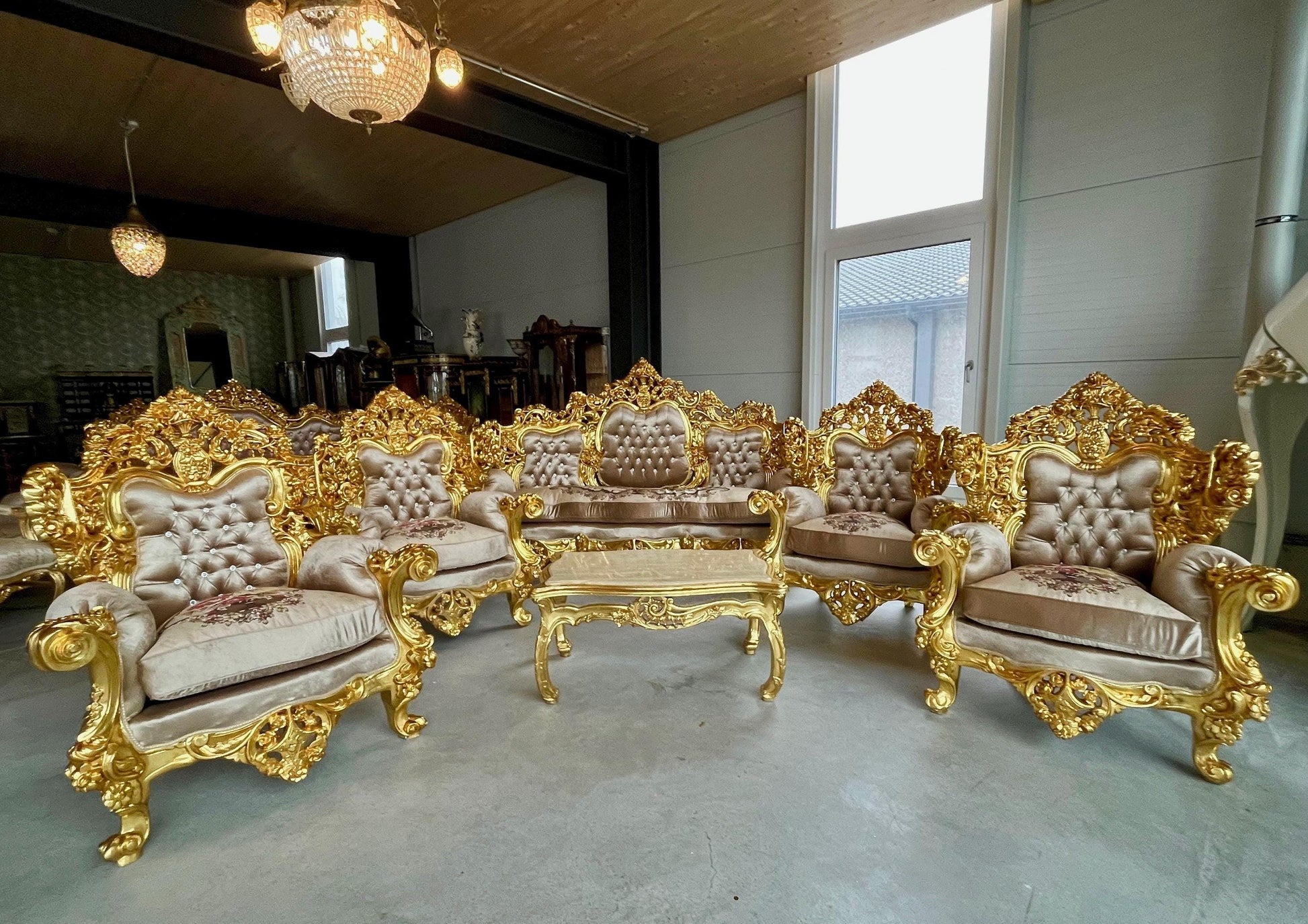 Imperial Sofa Set Royal King Sofa Set French Rococo Sofa Suite Brown Velvet Couch Set Gold Finish for Luxurious Home for Hotel Lobby Decor