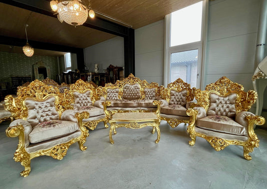 Imperial Sofa Set Royal King Sofa Set French Rococo Sofa Suite Brown Velvet Couch Set Gold Finish for Luxurious Home for Hotel Lobby Decor