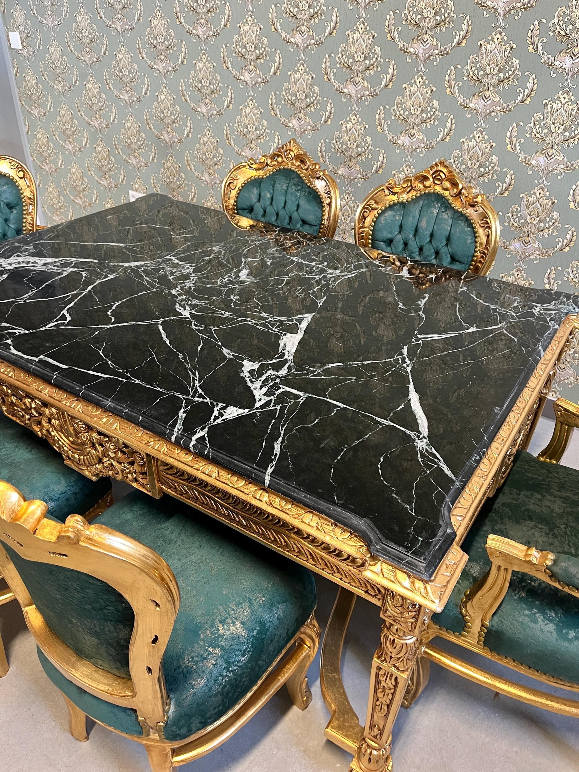 Royal French Style Dining Set Antique Baroque Rococo Style 6 Chairs & Dining Table in Gold Finish Green Marble Antique Gold for Home Décor