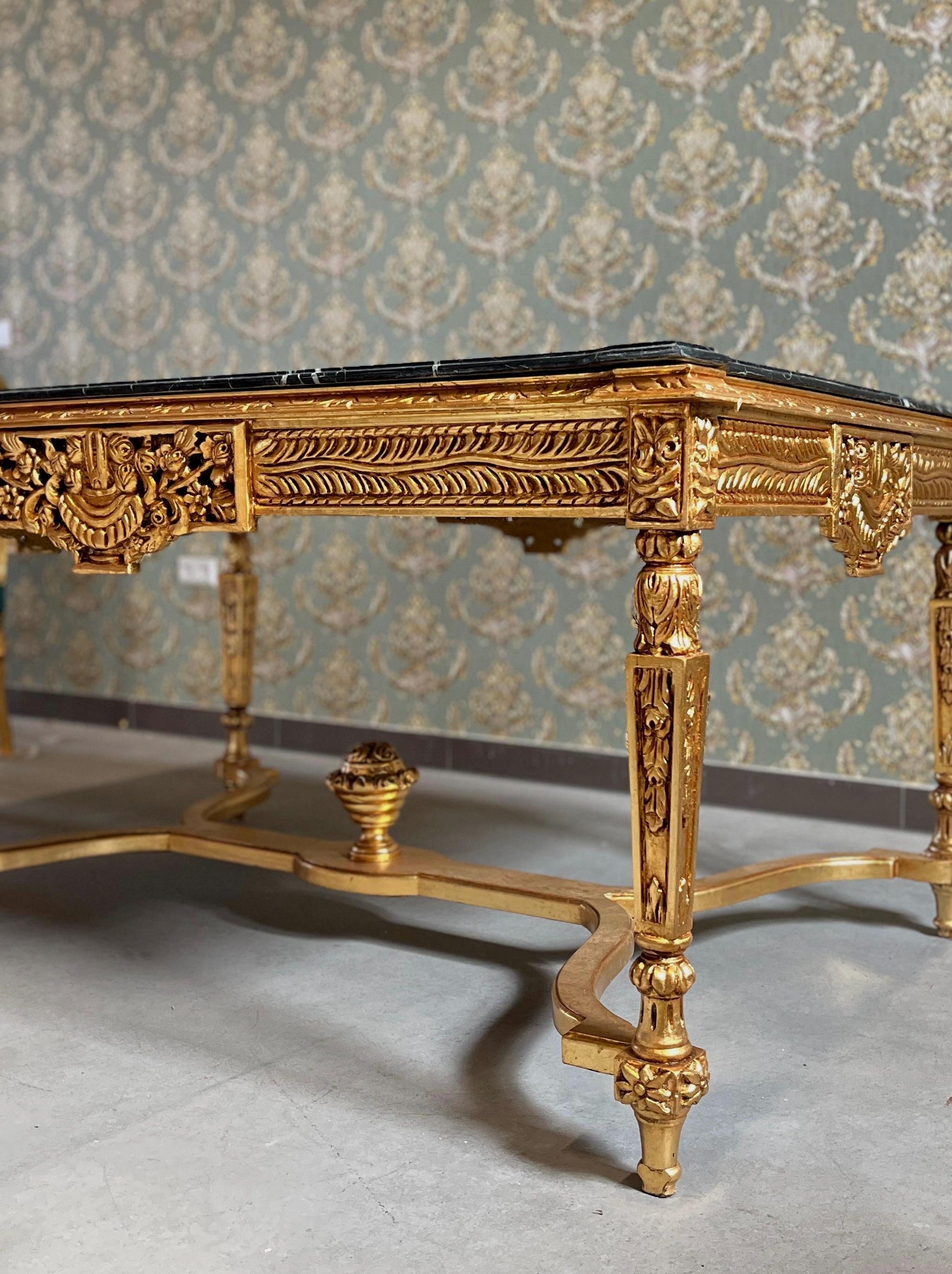 Royal French Style Dining Set Antique Baroque Rococo Style 6 Chairs & Dining Table in Gold Finish Green Marble Antique Gold for Home Décor