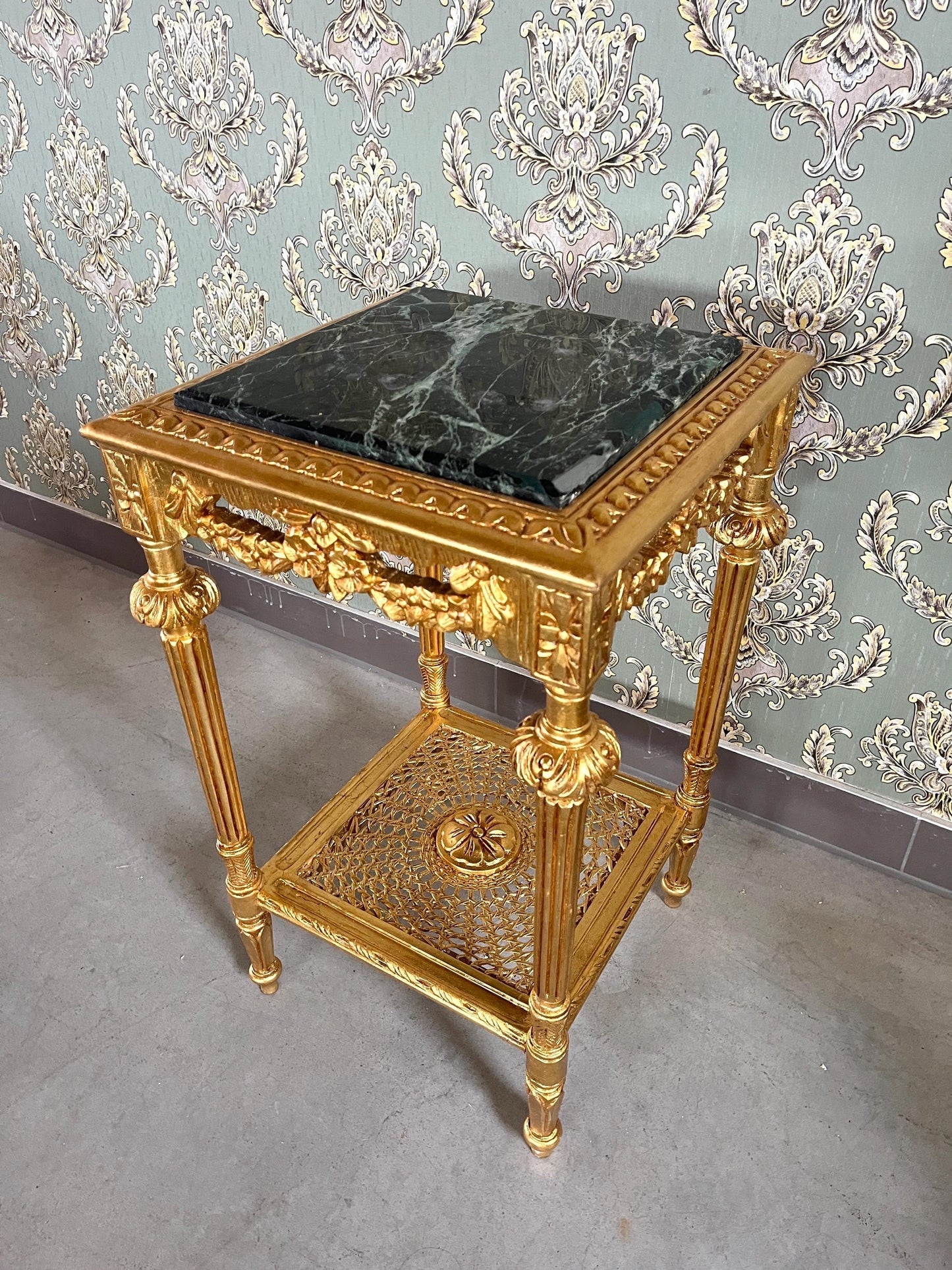 Square Side Table Marble Top Retro French Style End Table Gold Finish Barqoue Rococo Style in Greenish Marble or White Frame in Black Marble