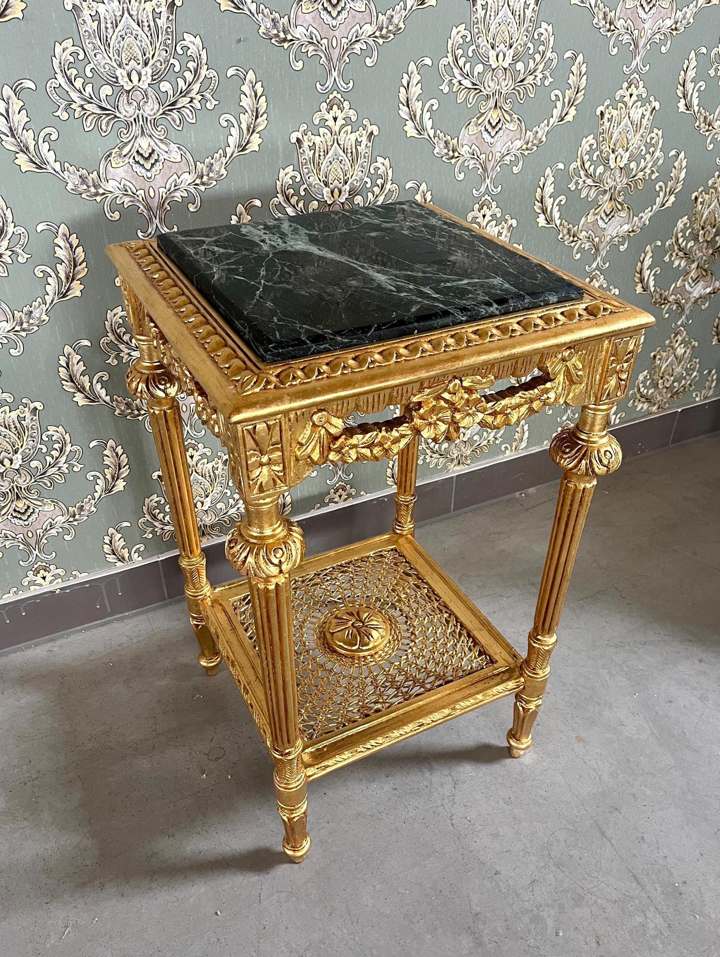 Square Side Table Marble Top Retro French Style End Table Gold Finish Barqoue Rococo Style in Greenish Marble or White Frame in Black Marble