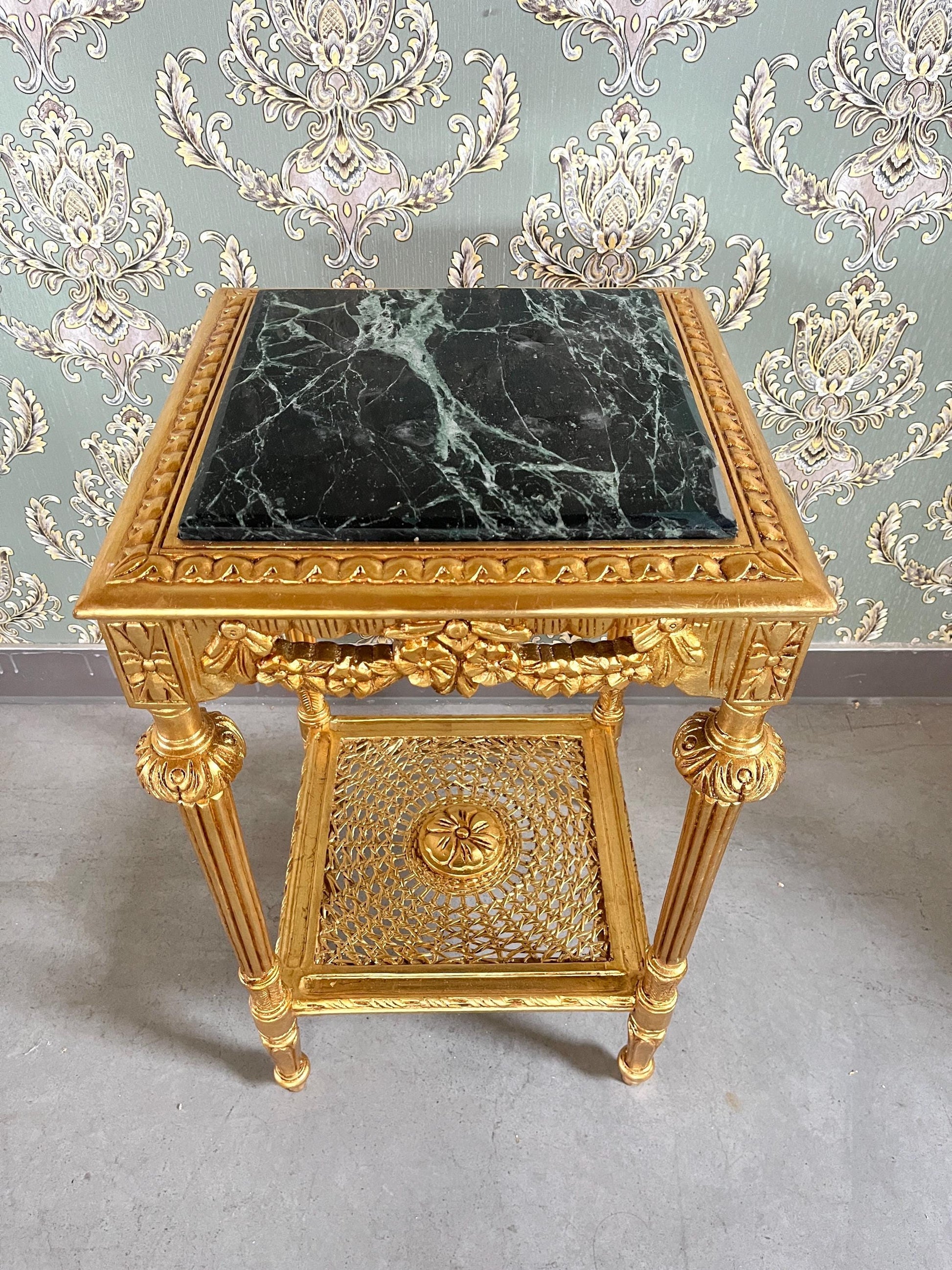 Square Side Table Marble Top Retro French Style End Table Gold Finish Barqoue Rococo Style in Greenish Marble or White Frame in Black Marble