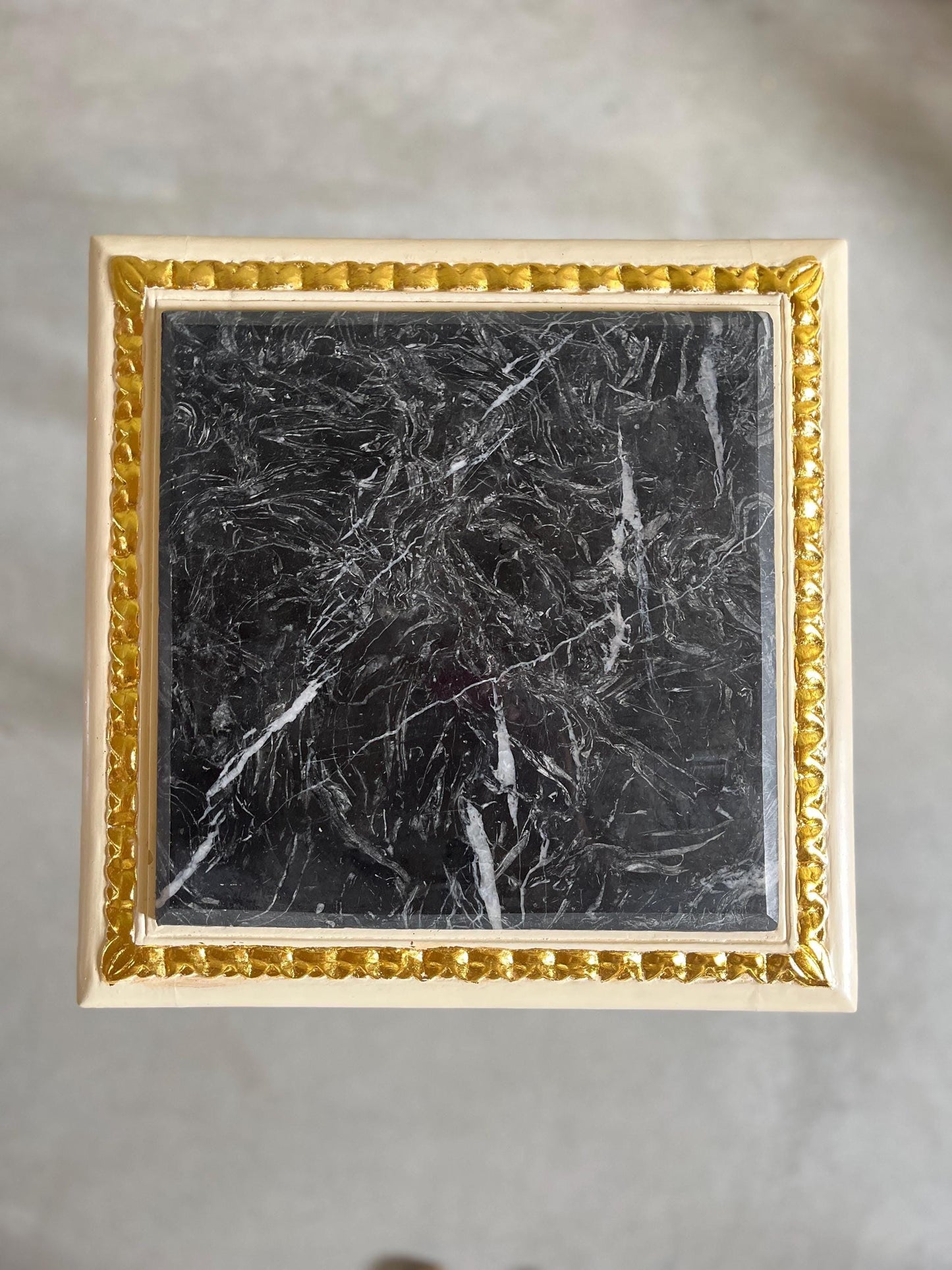 Square Side Table Marble Top Retro French Style End Table Gold Finish Barqoue Rococo Style in Greenish Marble or White Frame in Black Marble