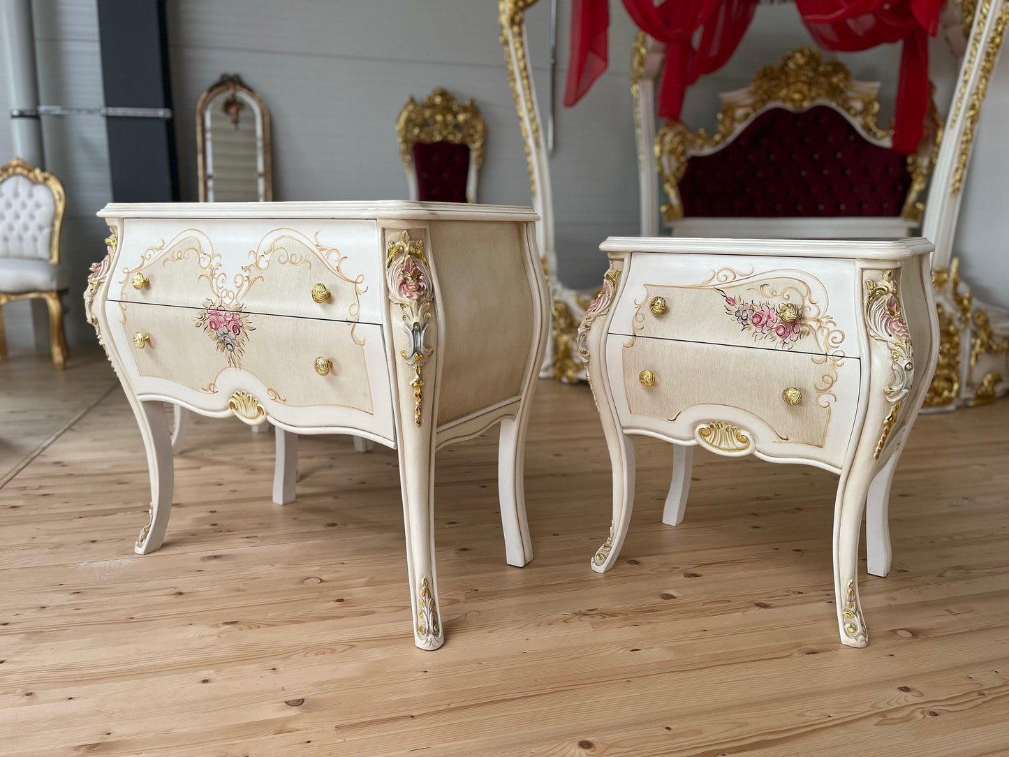 Chest of Drawer White Flower Painted French Baroque Style Dresser Home DecorBeige Color Chest of Drawer Italian Style Floral Paint for Home