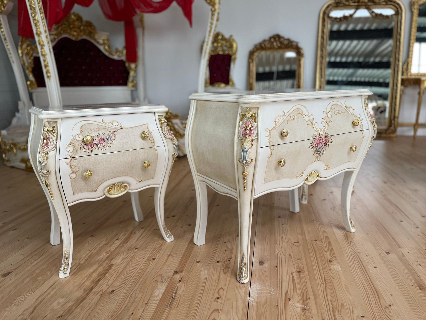 Chest of Drawer White Flower Painted French Baroque Style Dresser Home DecorBeige Color Chest of Drawer Italian Style Floral Paint for Home