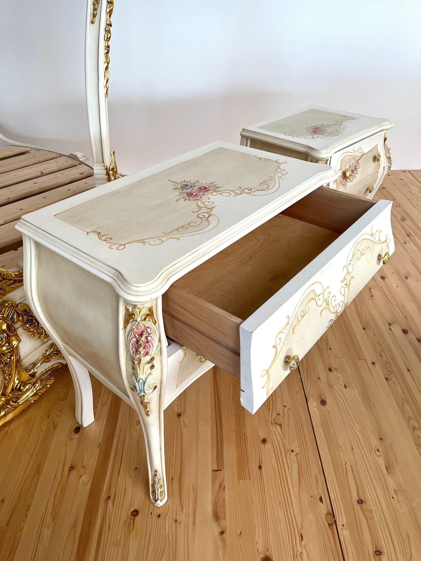 Chest of Drawer White Flower Painted French Baroque Style Dresser Home DecorBeige Color Chest of Drawer Italian Style Floral Paint for Home