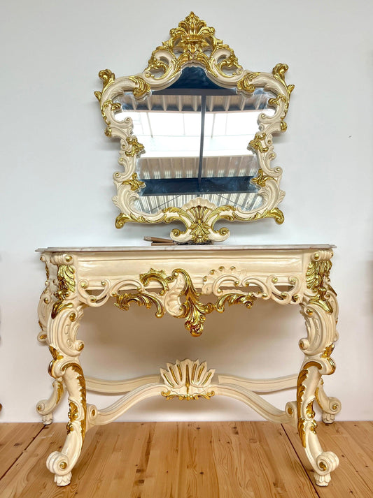 Console Table and Star Mirror French Antique Style with White Marble Top Console Table Baroque Rococo Style in Gold Finish for House Decor