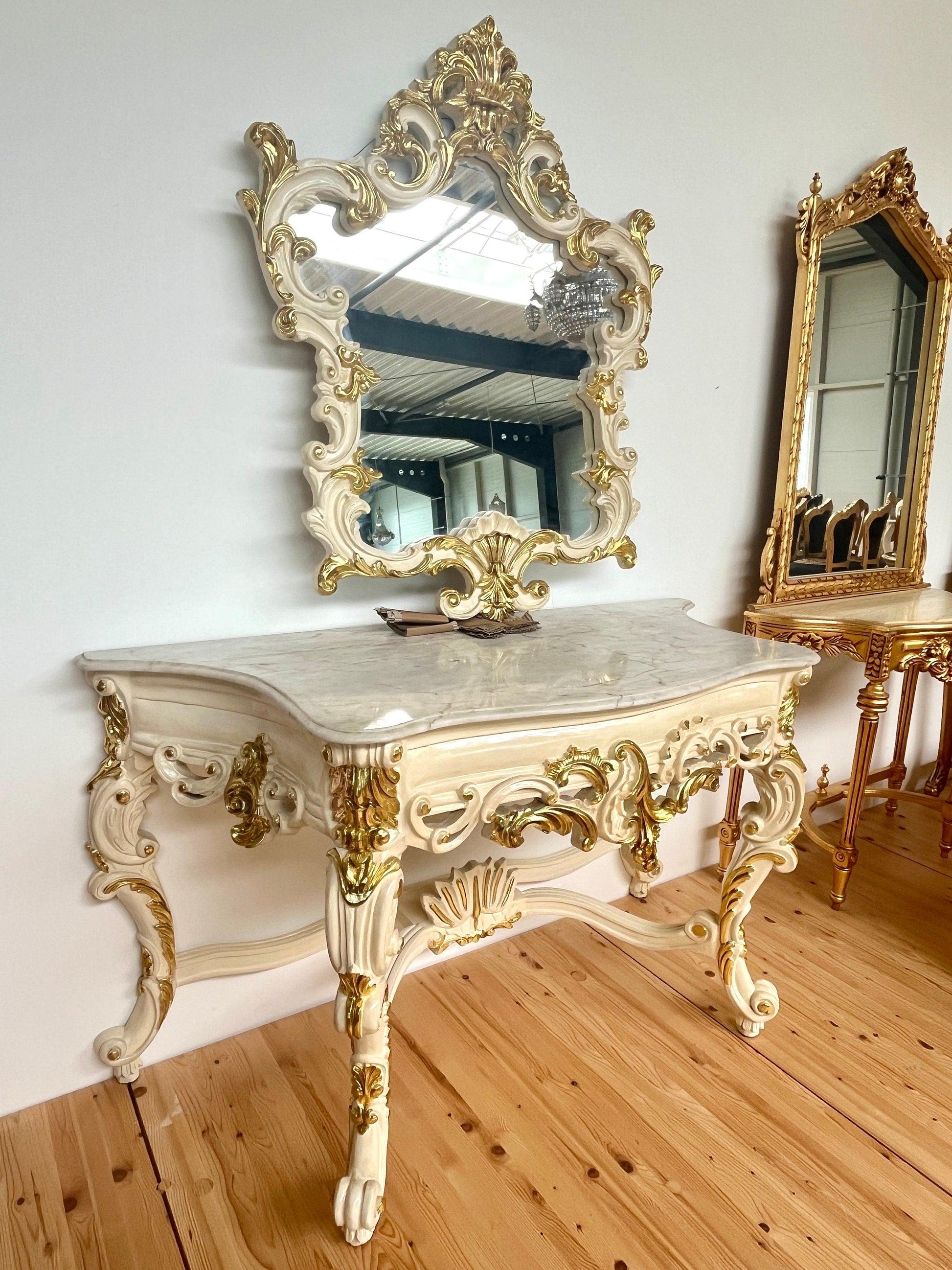 Console Table and Star Mirror French Antique Style with White Marble Top Console Table Baroque Rococo Style in Gold Finish for House Decor