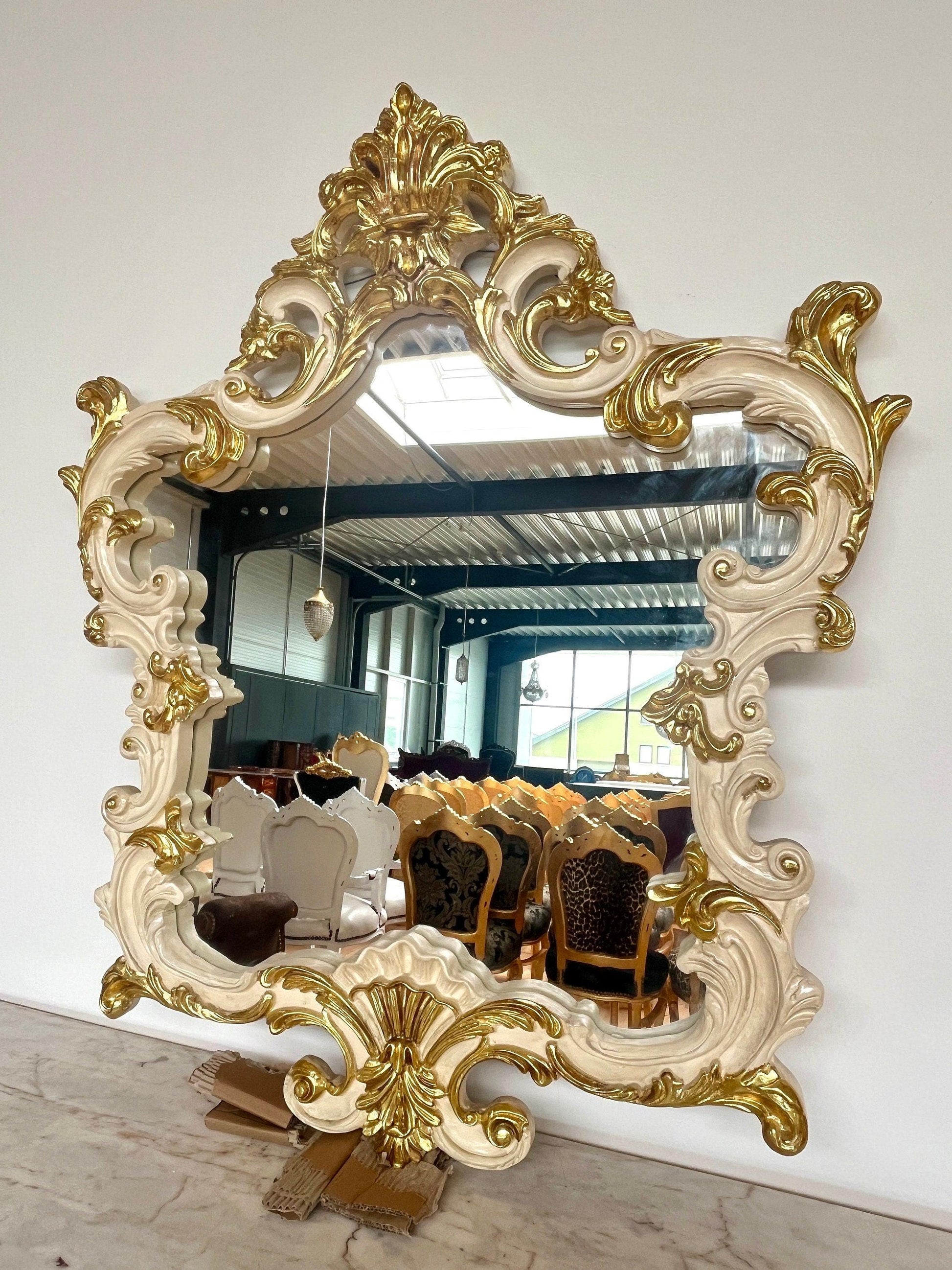 Console Table and Star Mirror French Antique Style with White Marble Top Console Table Baroque Rococo Style in Gold Finish for House Decor