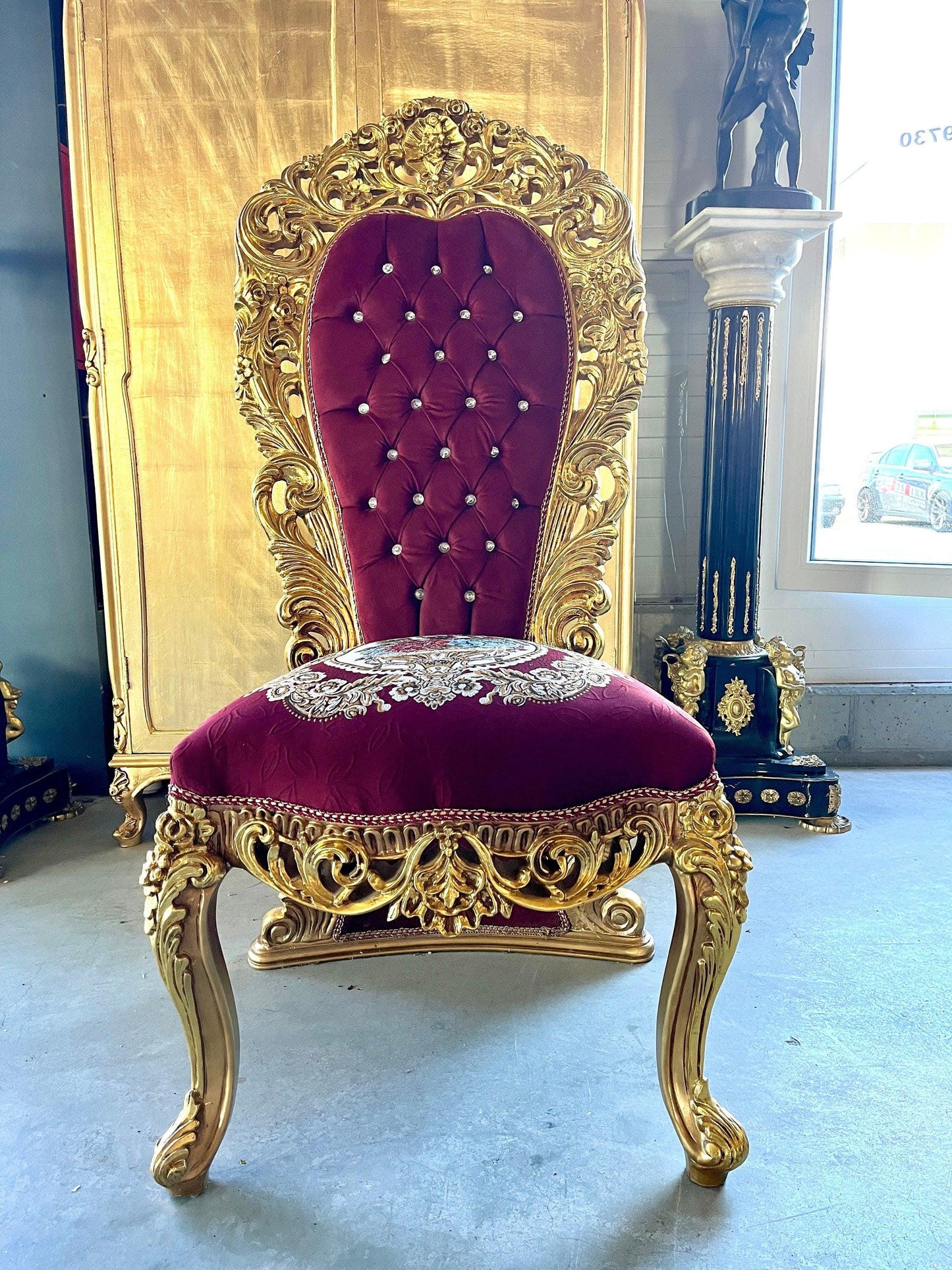 King Throne Red Deluxe Huge Armchair in Bordeaux Embroidery Seated Gold Finish