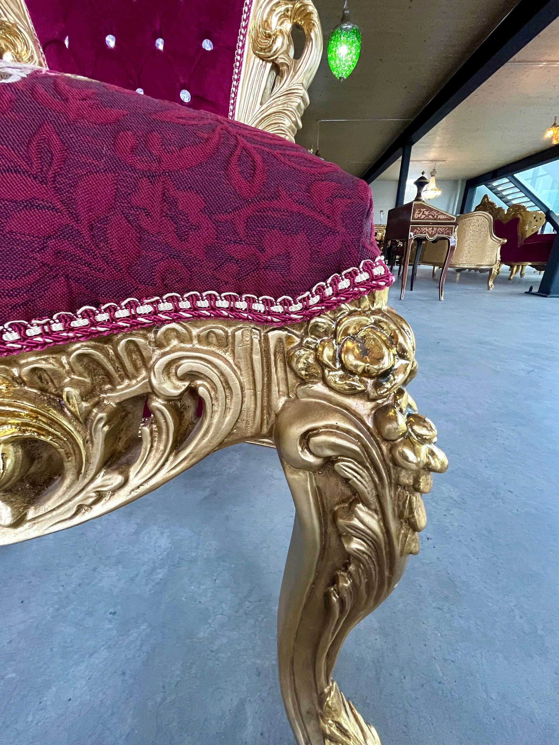 King Throne Red Deluxe Huge Armchair in Bordeaux Embroidery Seated Gold Finish