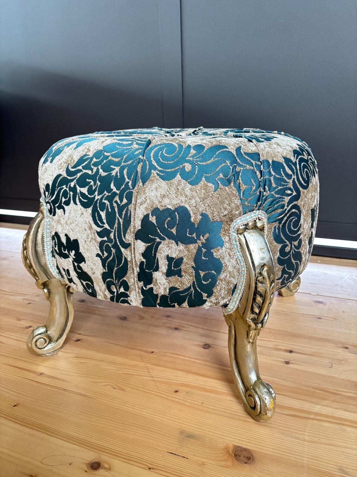 Round Pouf French Baroque Style Ottoman in Beige Velvet Floral, Handmade Ottoman Retro Baroque Style in Turquoise Blue Flower Pattern Decor