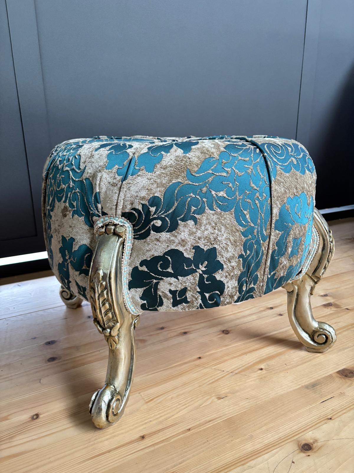 Round Pouf French Baroque Style Ottoman in Beige Velvet Floral, Handmade Ottoman Retro Baroque Style in Turquoise Blue Flower Pattern Decor