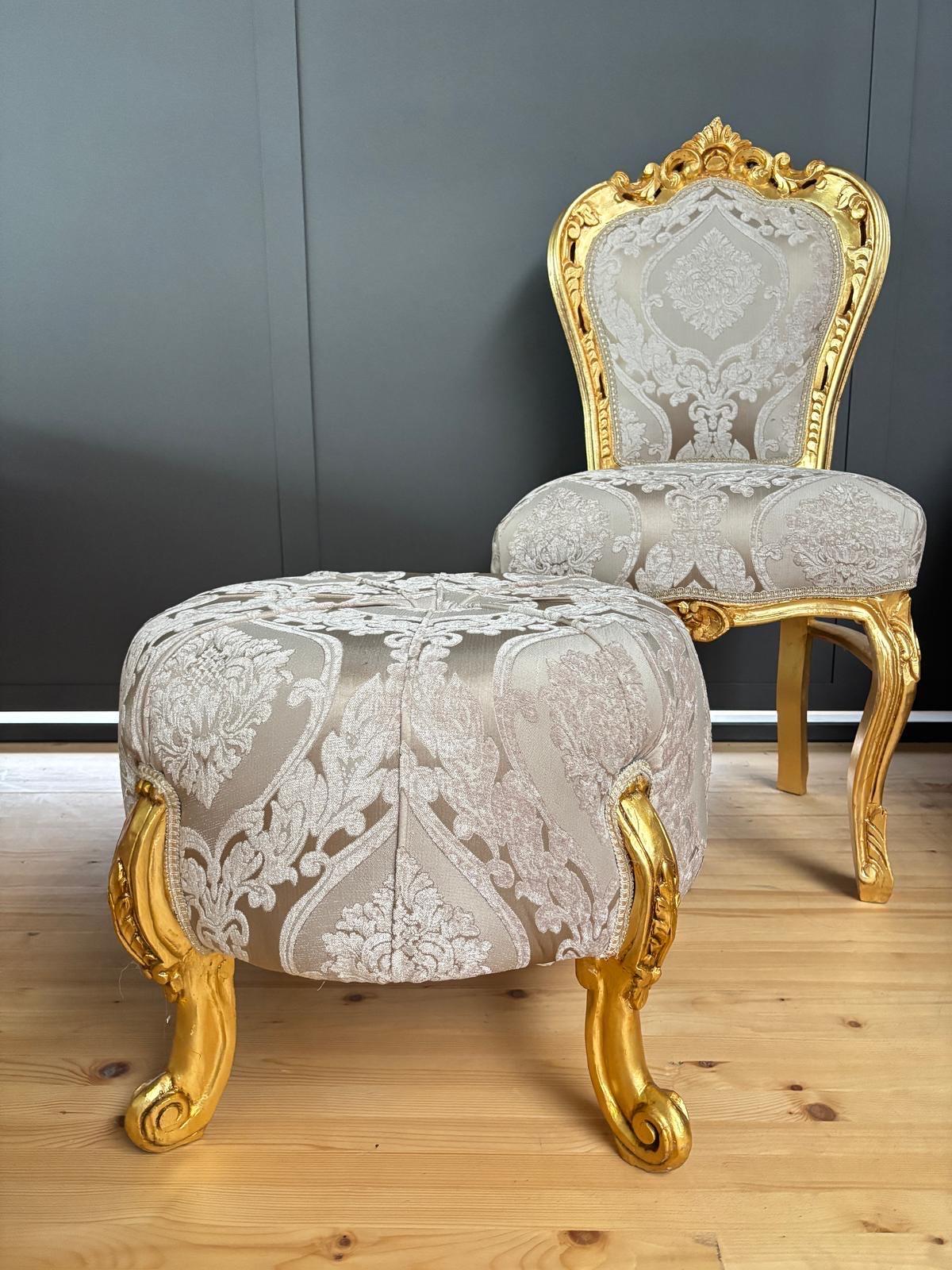 Round Pouf French Baroque Style Ottoman in Beige Velvet Floral, Handmade Ottoman Retro Baroque Style in Turquoise Blue Flower Pattern Decor