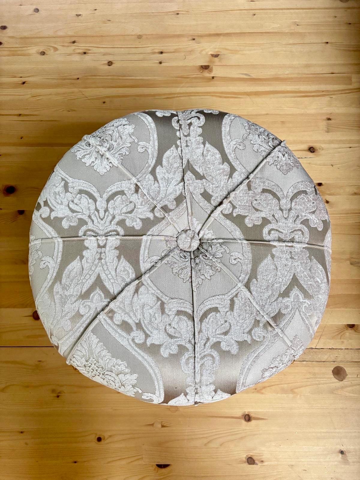 Round Pouf French Baroque Style Ottoman in Beige Velvet Floral, Handmade Ottoman Retro Baroque Style in Turquoise Blue Flower Pattern Decor