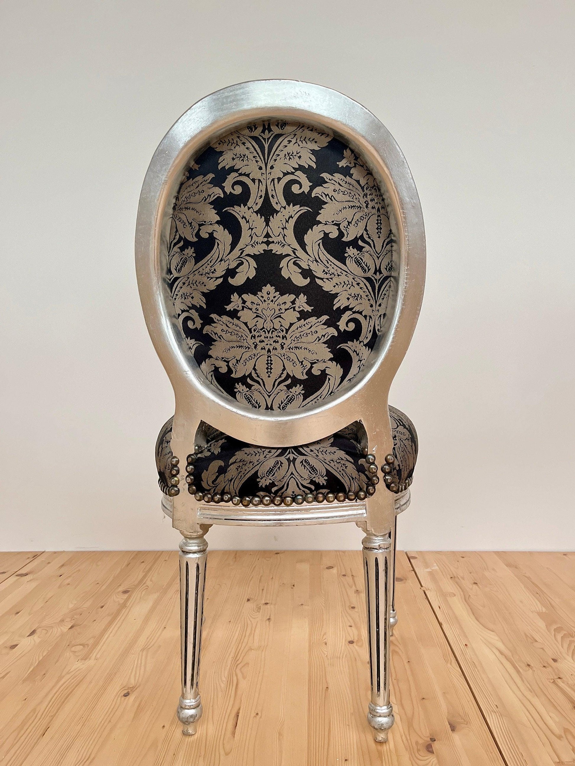 Chair Classic Baroque Style in Silver Black Pattern Dining Chair in Silver Finish for Home Decor