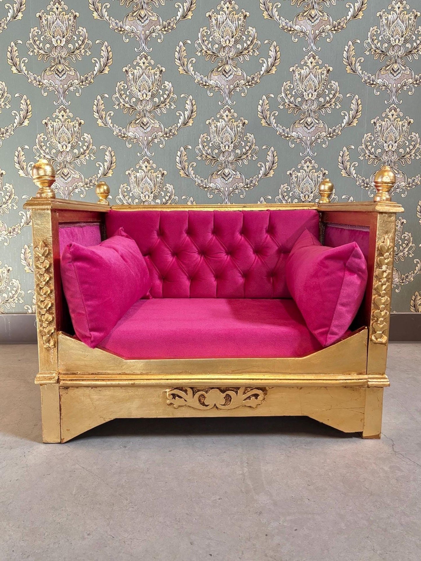 Pet Sofa Green Velvet French Baroque Style Cute Dog Couch Handmade in Hot Pink Velvet Gold Finish for Small Pet for Pet Lover