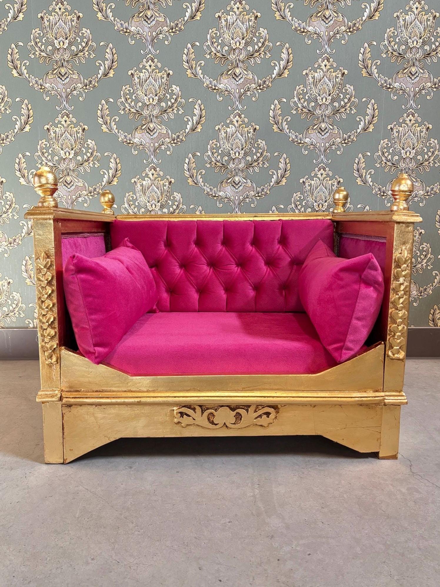 Pet Sofa Green Velvet French Baroque Style Cute Dog Couch Handmade in Hot Pink Velvet Gold Finish for Small Pet for Pet Lover