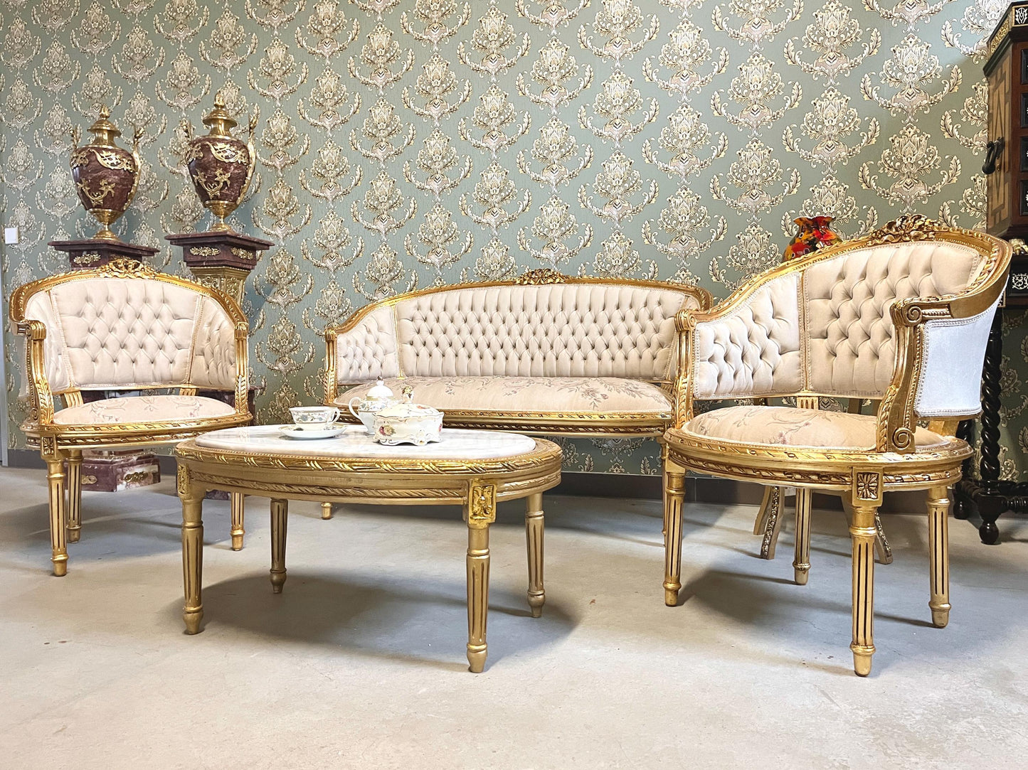 Sofa Set Retro French Baroque Rococo Style Beige Floral Color Damask Lounge Couch Set Handmade Antique Style for Living Room Home Decor