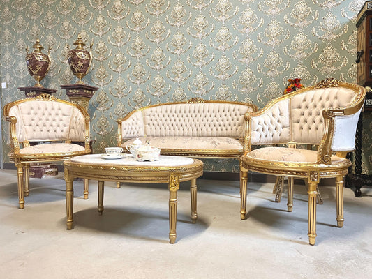 Sofa Set Retro French Baroque Rococo Style Beige Floral Color Damask Lounge Couch Set Handmade Antique Style for Living Room Home Decor