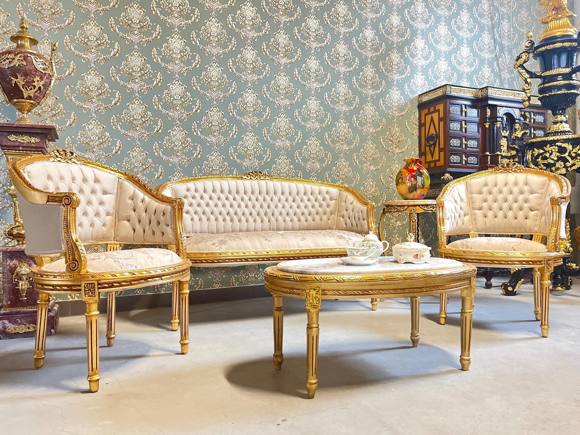 Sofa Set Retro French Baroque Rococo Style Beige Floral Color Damask Lounge Couch Set Handmade Antique Style for Living Room Home Decor