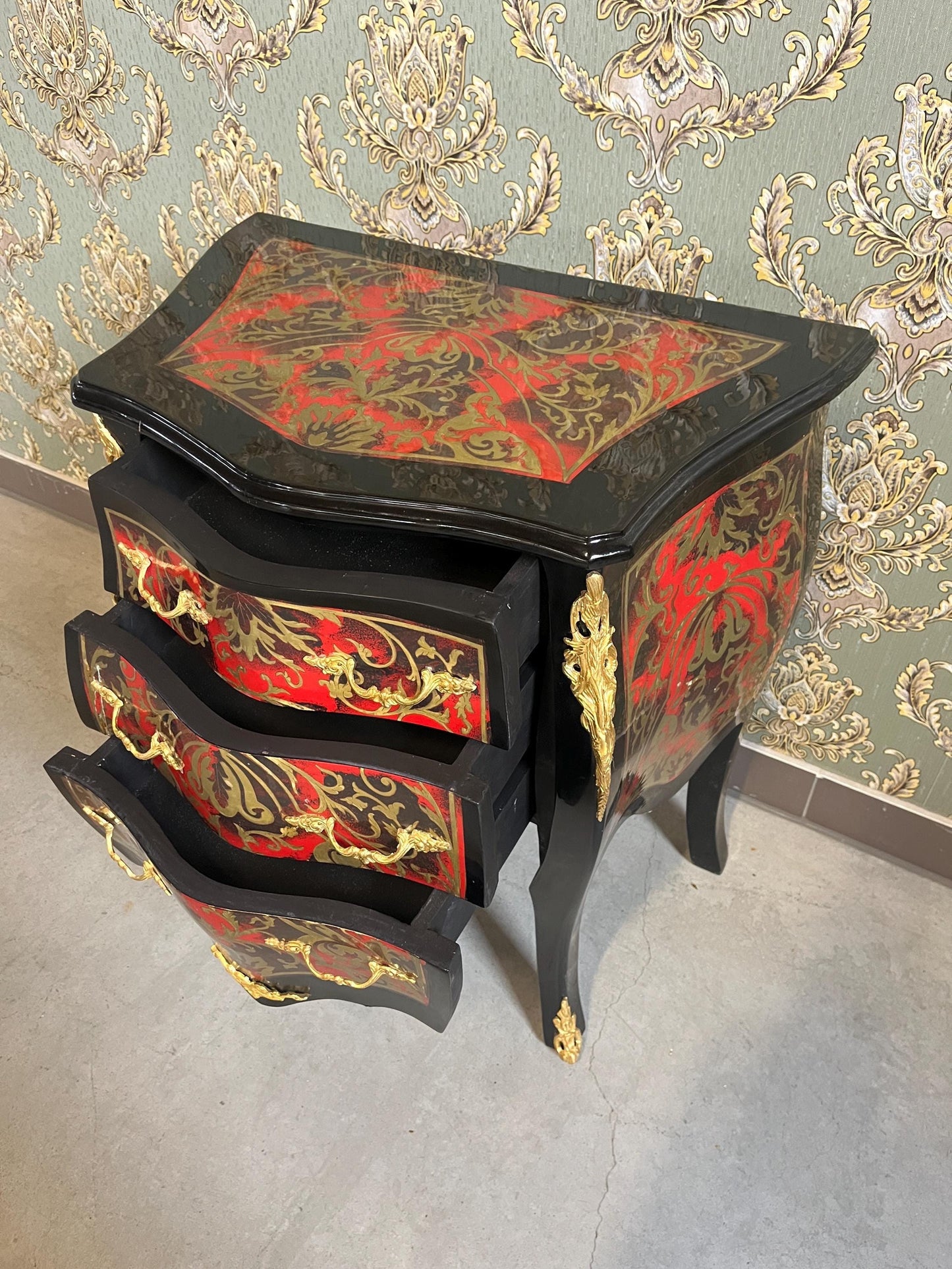 Chest of Drawers in Black Antique Baroque Style Handmade Night Stands Colorful Painting Front Side Table With Bronze Handles for Home Decor