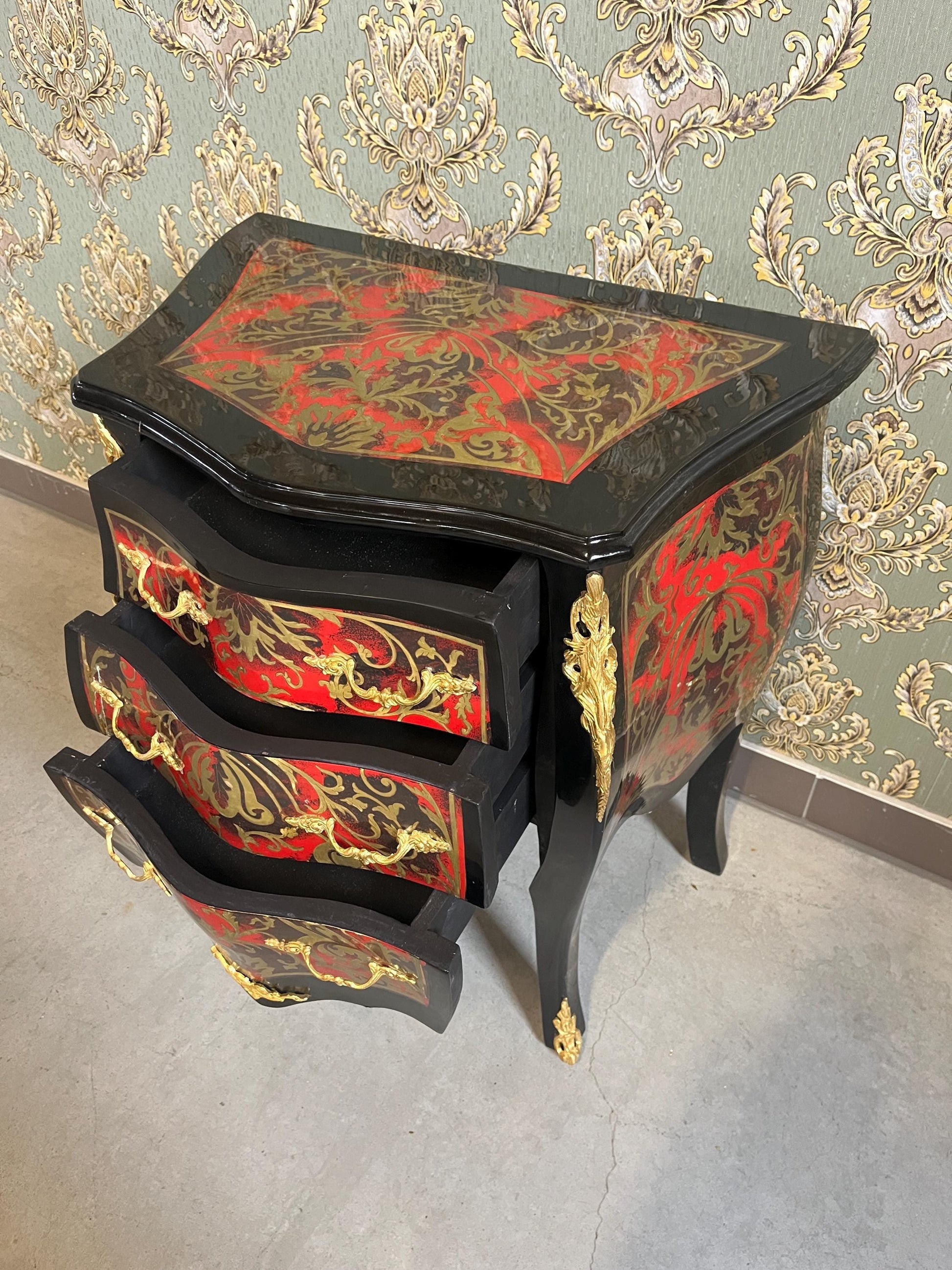 Chest of Drawers in Black Antique Baroque Style Handmade Night Stands Colorful Painting Front Side Table With Bronze Handles for Home Decor