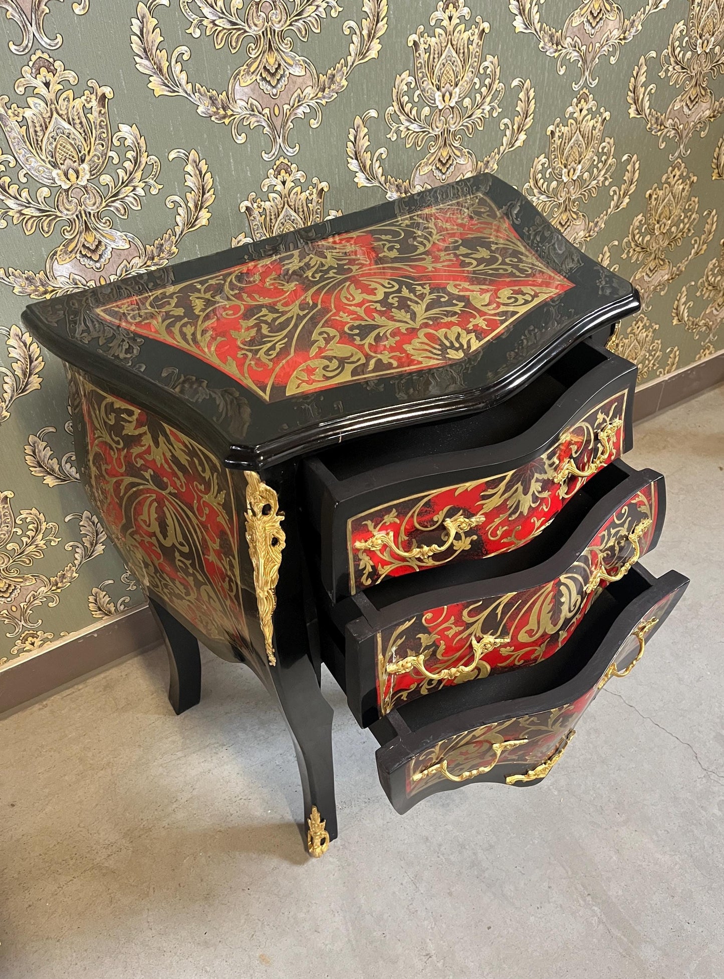 Chest of Drawers in Black Antique Baroque Style Handmade Night Stands Colorful Painting Front Side Table With Bronze Handles for Home Decor
