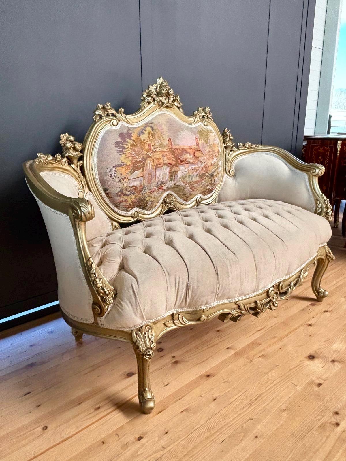Love Seat French Louis Style Tufted Velvet Seated Sofa Royal Baroque Style Settee Beige Color Antique Handmade Style 2-Seater for Home Decor