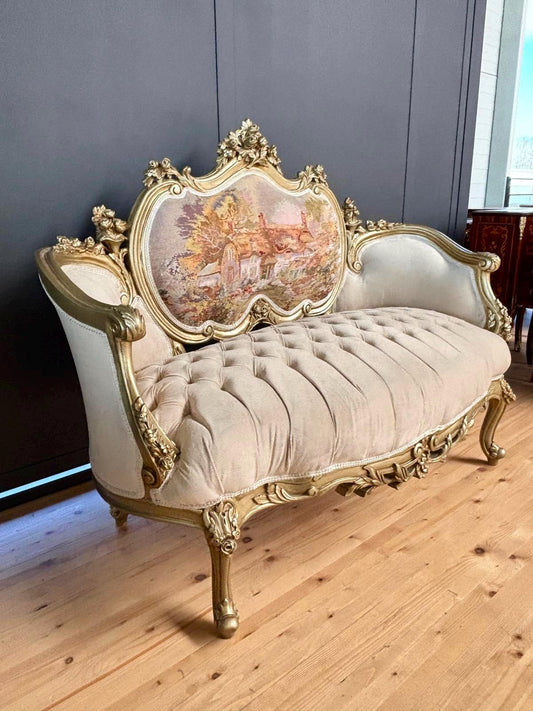 Love Seat French Louis Style Tufted Velvet Seated Sofa Royal Baroque Style Settee Beige Color Antique Handmade Style 2-Seater for Home Decor