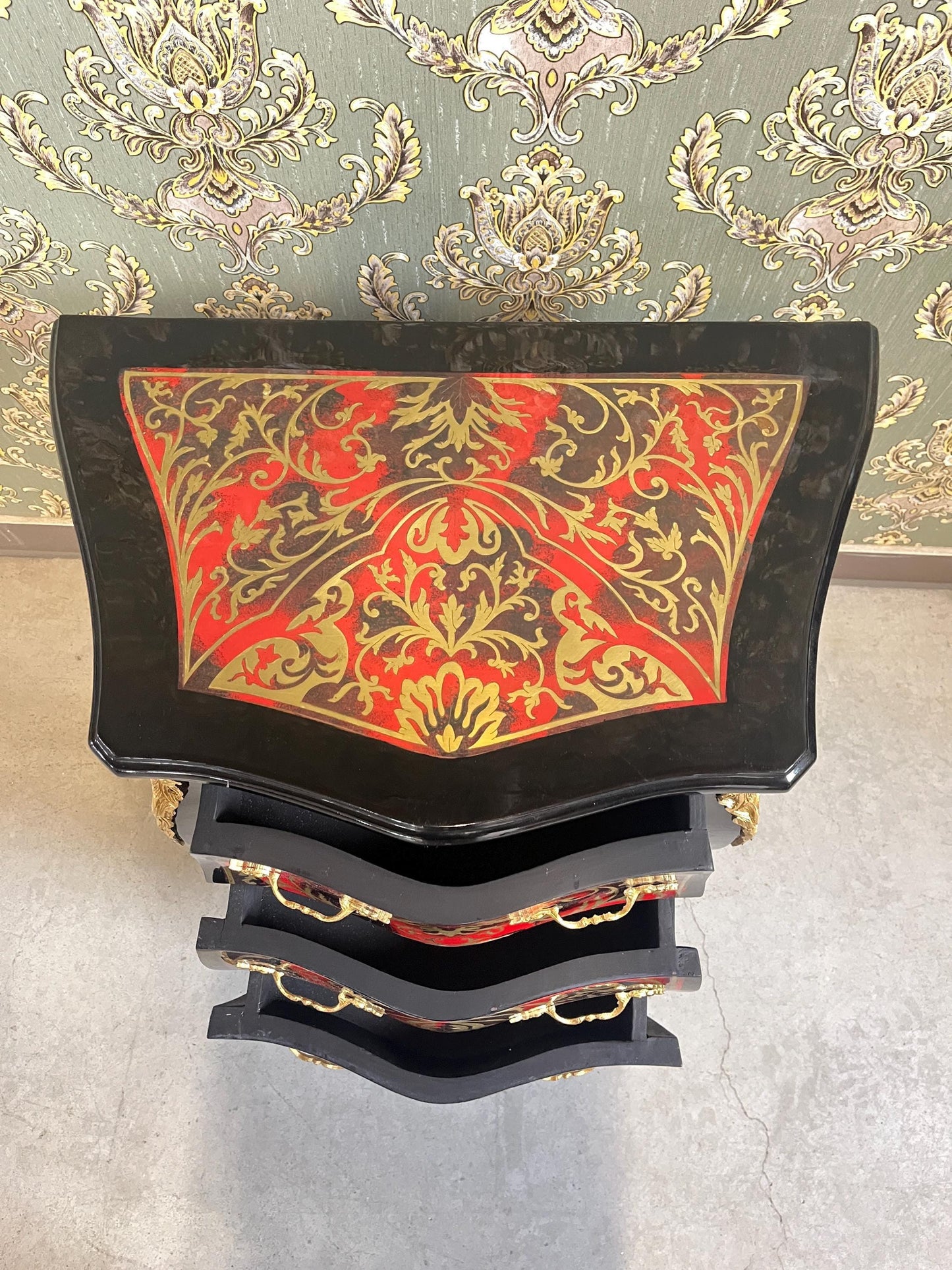 Chest of Drawers in Black Antique Baroque Style Handmade Night Stands Colorful Painting Front Side Table With Bronze Handles for Home Decor