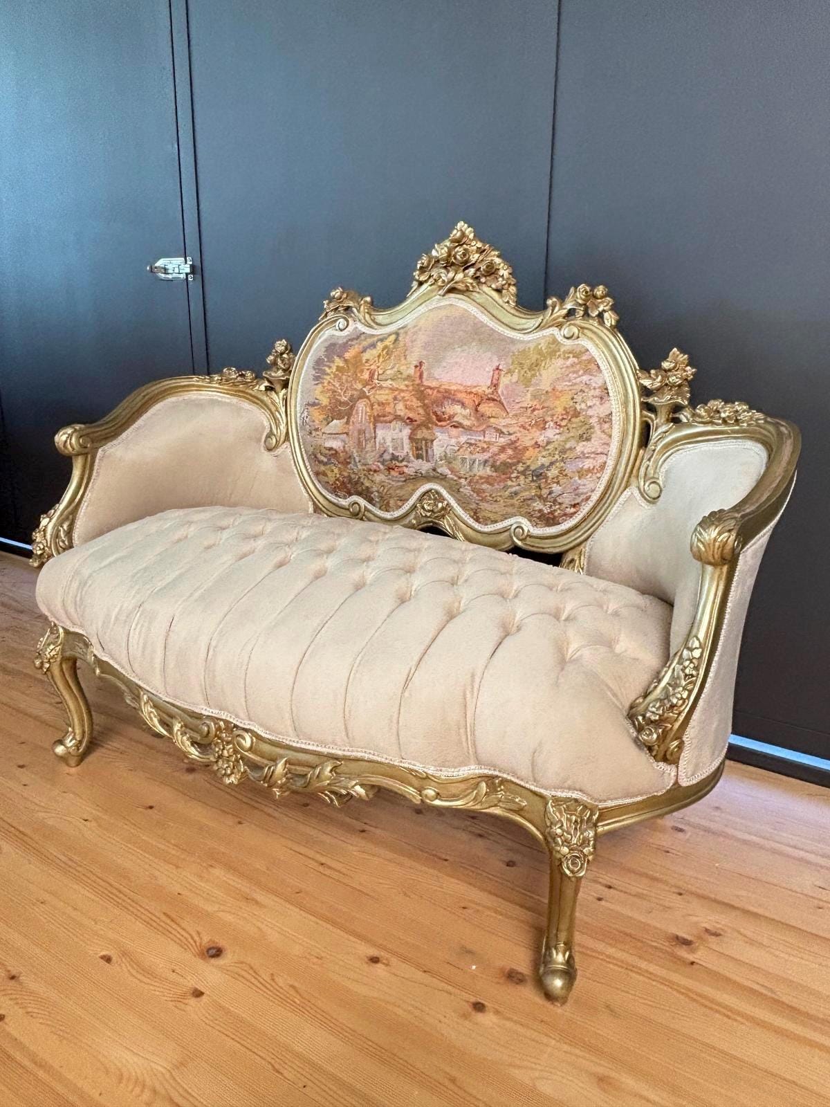 Love Seat French Louis Style Tufted Velvet Seated Sofa Royal Baroque Style Settee Beige Color Antique Handmade Style 2-Seater for Home Decor